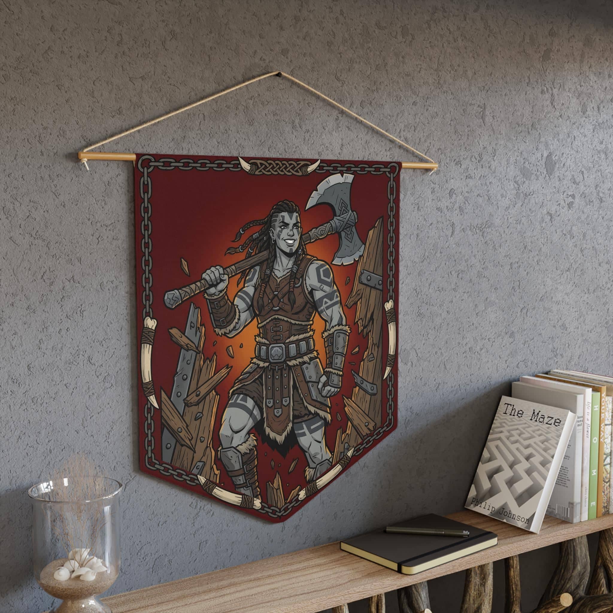 Bold, humorous game room wall pennant celebrating the iconic brute-force moment when the barbarian kicks the dungeon door off its hinges instead of picking the lock, in a room setting