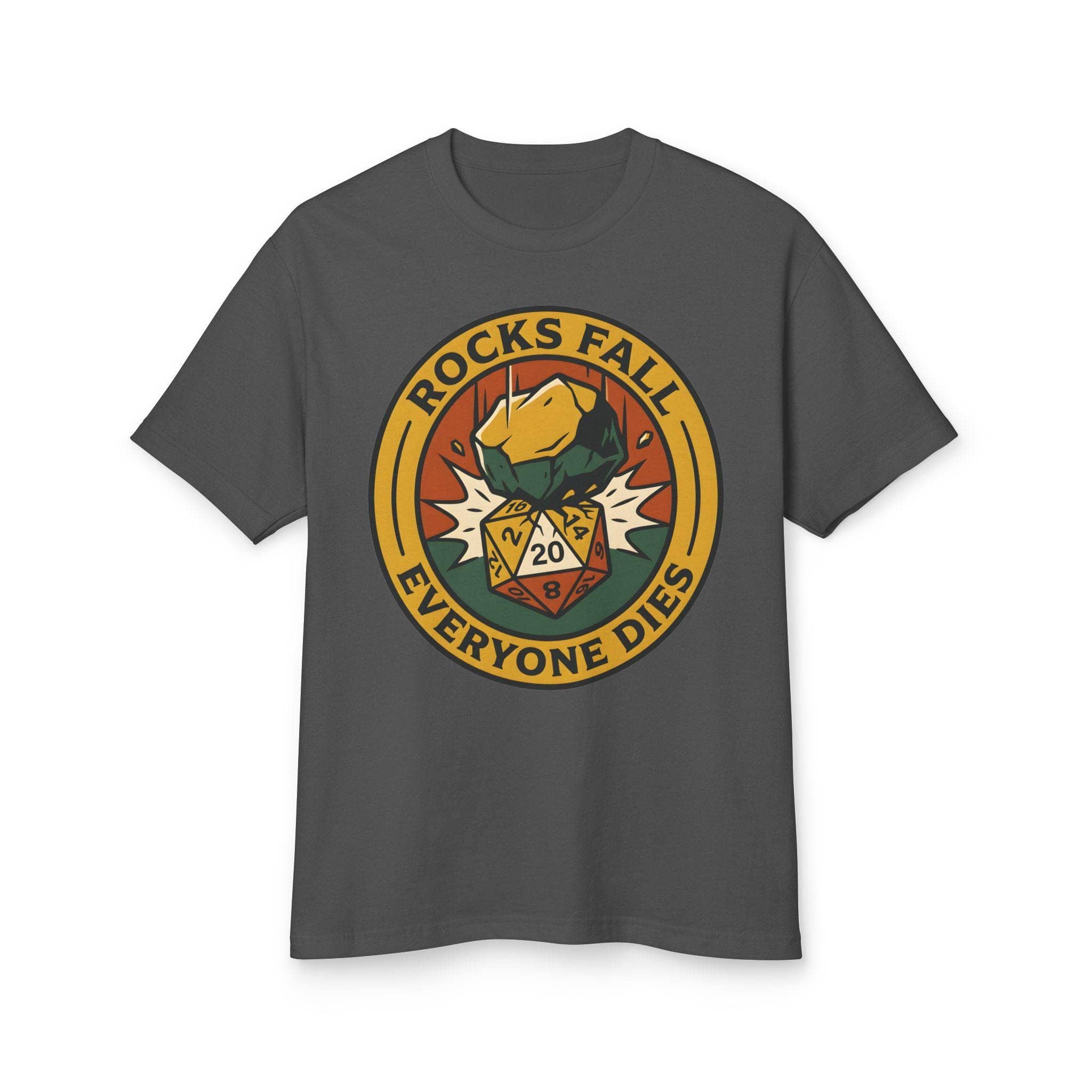 A deadpan tabletop in-joke graphic tee featuring a vintage national-park style emblem where a giant plummeting boulder crushes a d20 die, front view