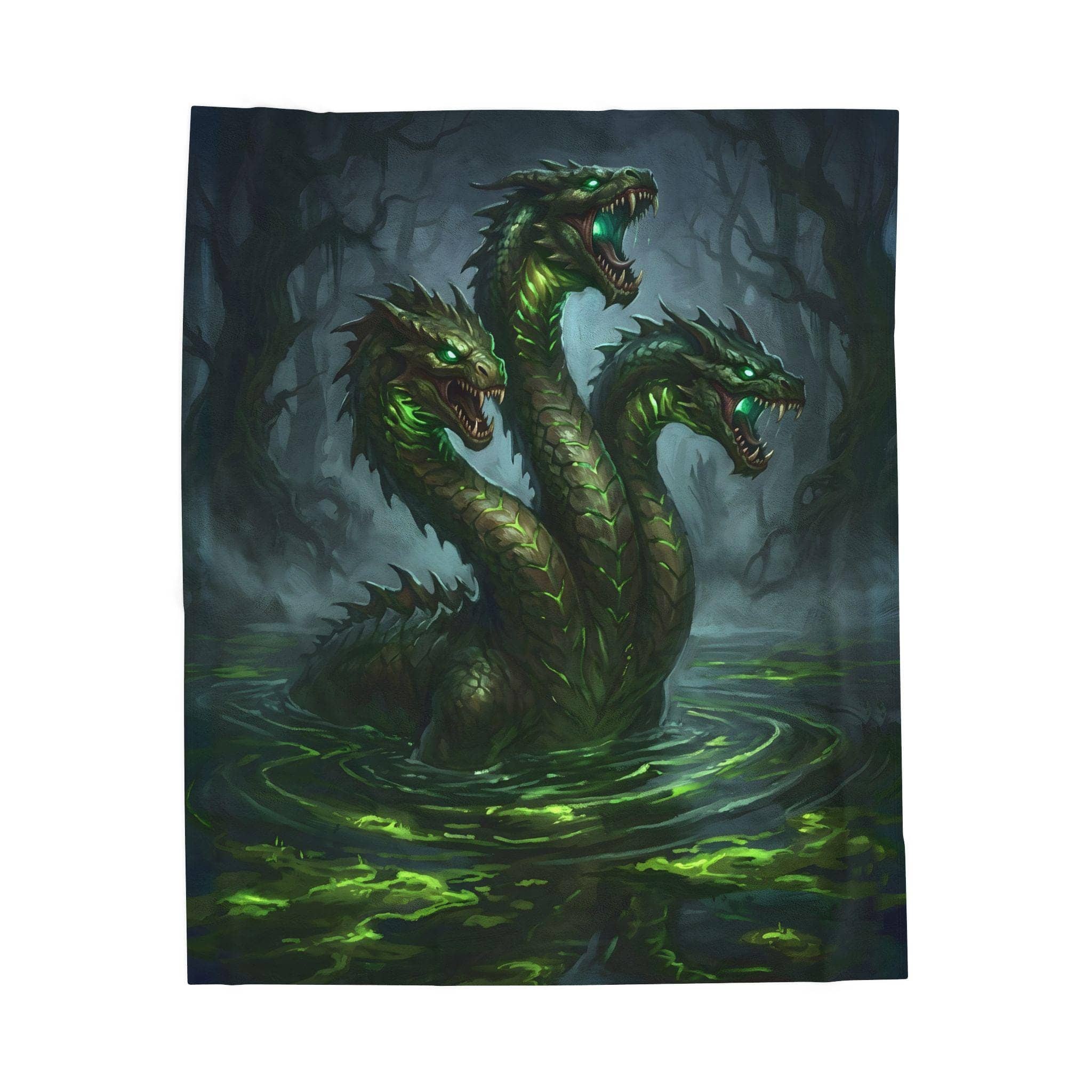A plush statement throw showcasing an atmospheric swamp hydra, front view