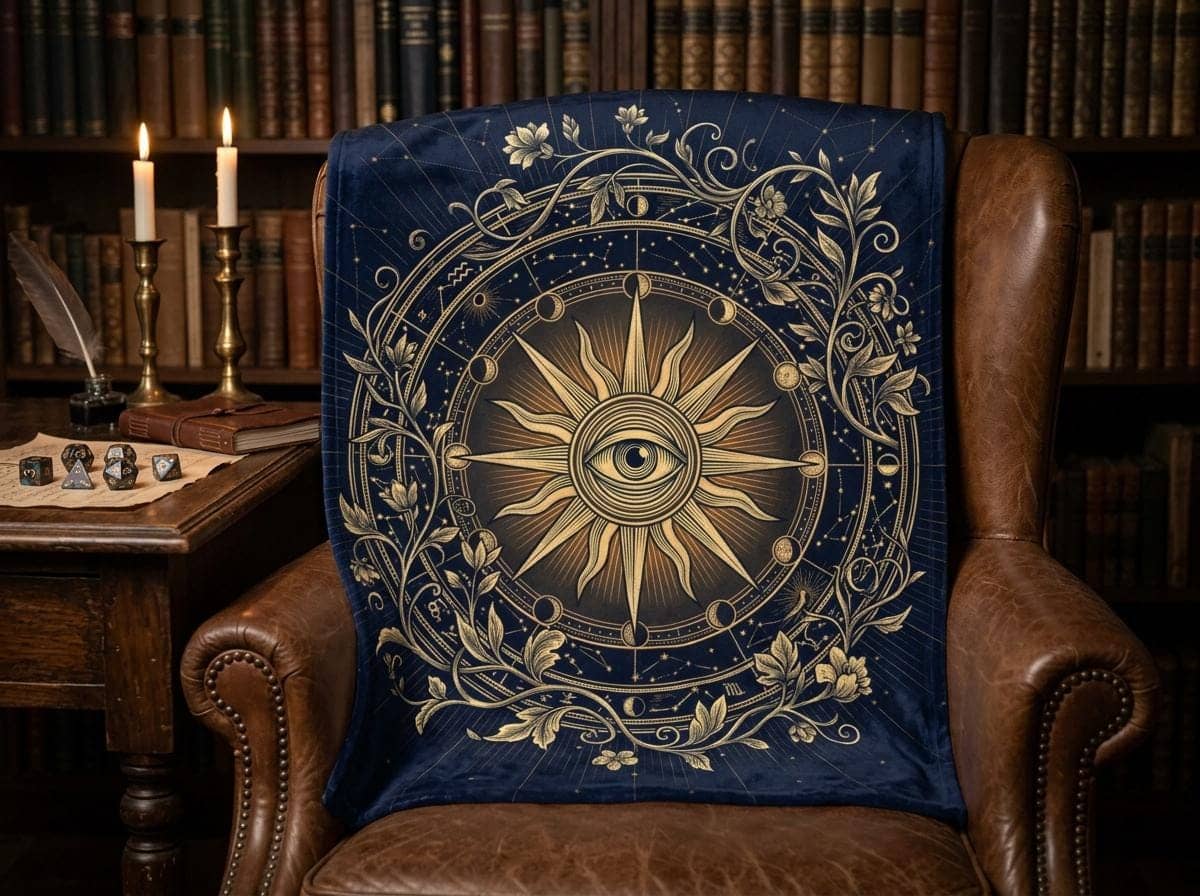 An atmospheric session throw designed to celebrate the party's unsung healer, featuring an intricate celestial divine emblem that transforms gaming nights into a cozy dark academia haven, shown draped over a study armchair