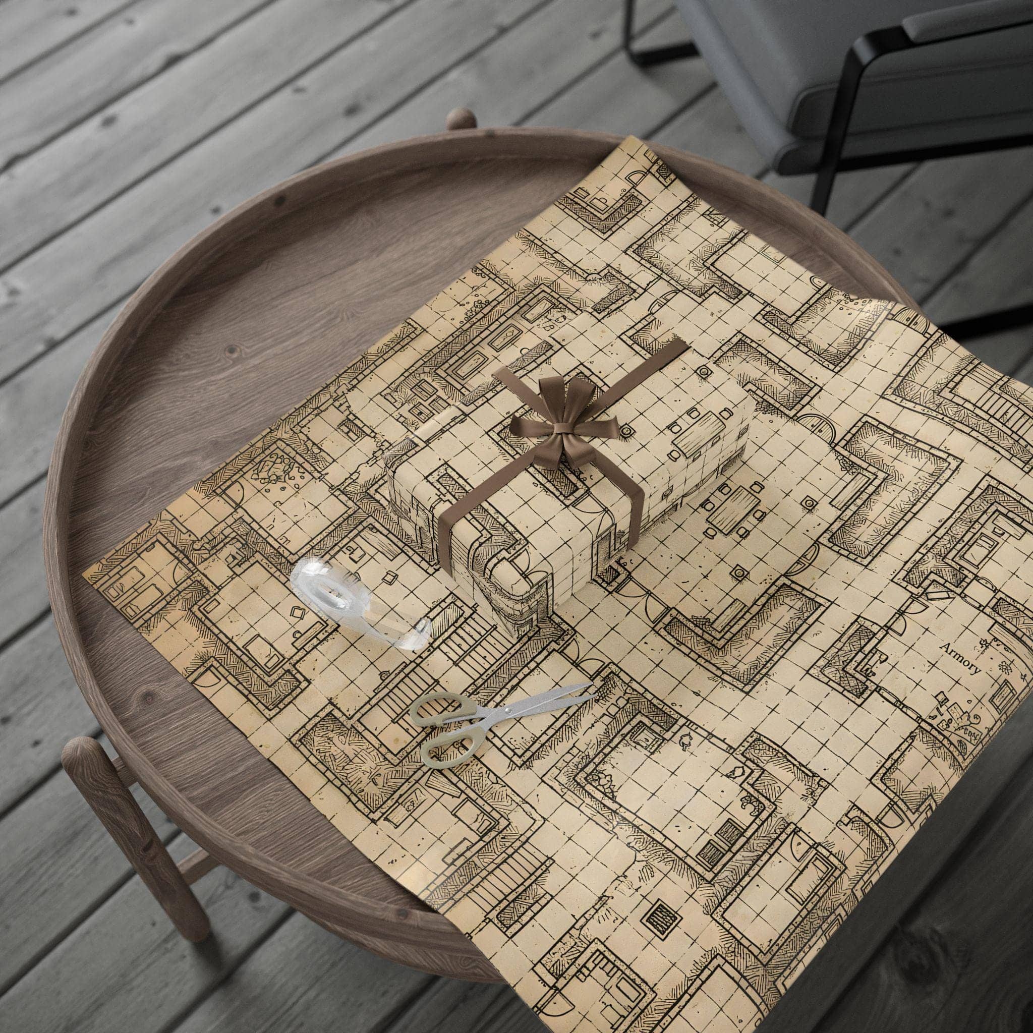 Turn rulebooks, dice, and miniatures into genuine campaign loot with wrapping paper that doubles as a detailed, playable hand-drawn parchment dungeon battlemap, in a room setting
