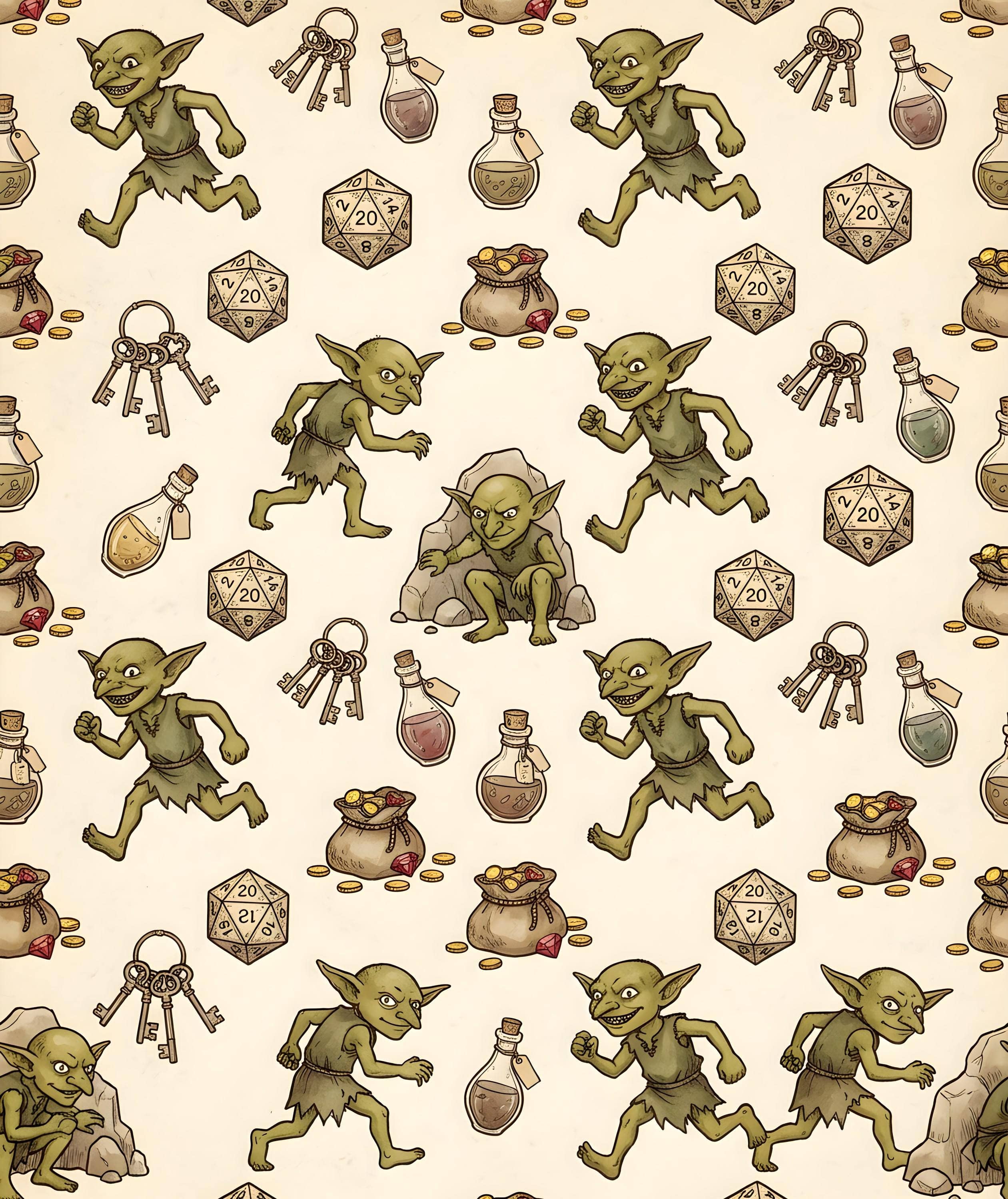 Delight your tabletop party with a seamless storybook pattern of mischievous loot-stealing goblins making off with polyhedral dice and shiny treasure, printed on wrapping paper, the complete printed design shown flat, the artwork