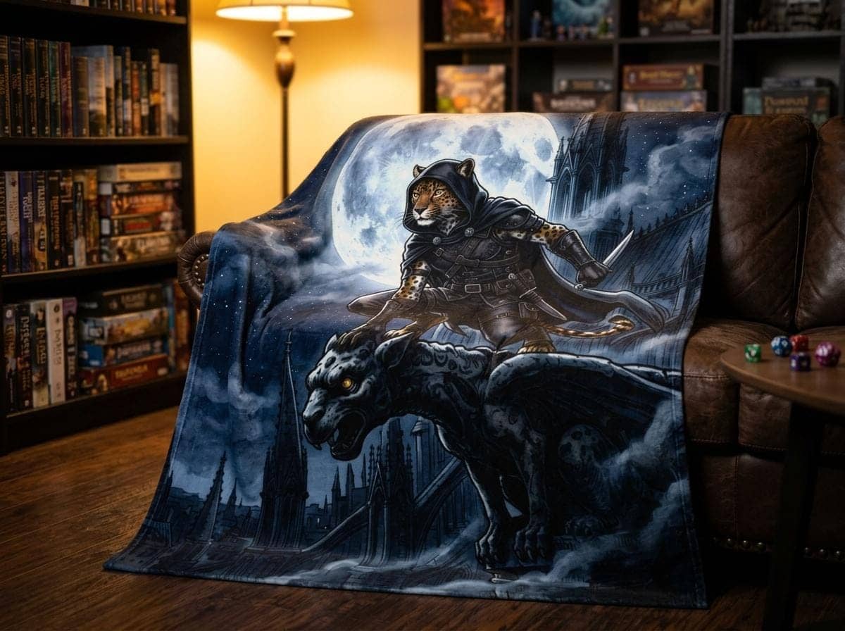 A plush velveteen throw blanket showcasing an agile feline rogue crouching across gothic cathedral spires under a giant silver moon, shown on a game room couch