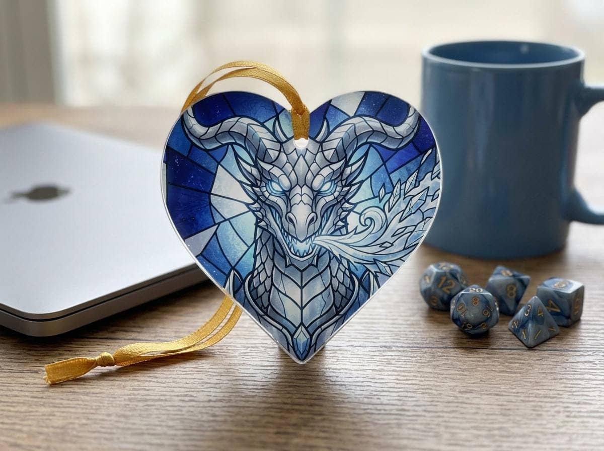 A vibrant stained-glass style circular ceramic holiday ornament featuring a silver dragonborn breathing crystalline frost, shown on a desk