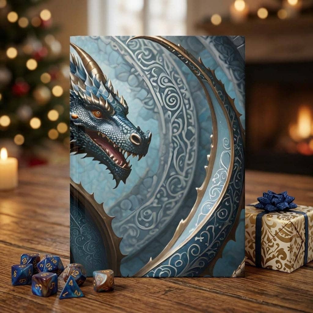 A journal with designs inspired by tabletop roleplaying characters, extending the proven 'dnd' theme, shown as a gift