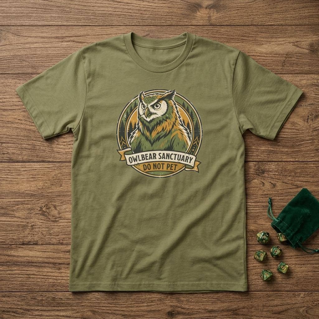 Vintage national park souvenir graphic tee featuring tabletop gaming's favorite deadly predator alongside a cheeky 'Do Not Pet' warning for players who insist on taming wilderness monsters, shown laid flat among dice
