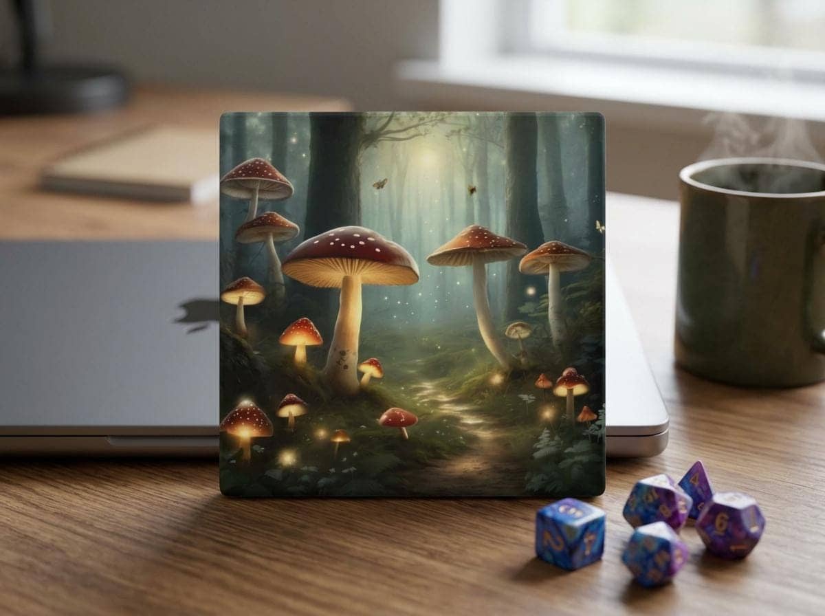 A set of coasters featuring an enchanted forest scene, shown on a desk