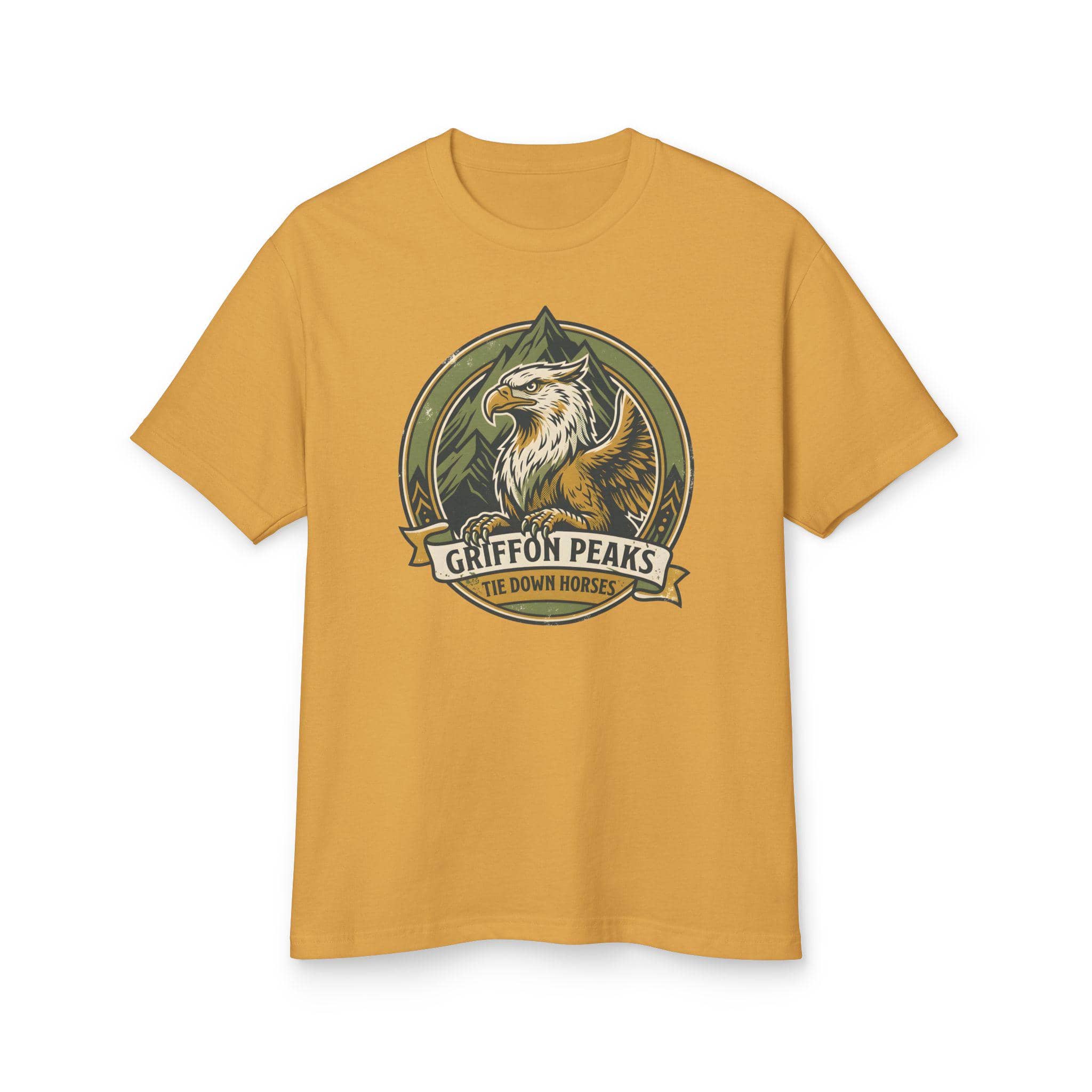Vintage national park parody tee featuring a noble mountain griffon alongside a deadpan ranger warning for traveling adventurers to keep their prized mounts secured, front view