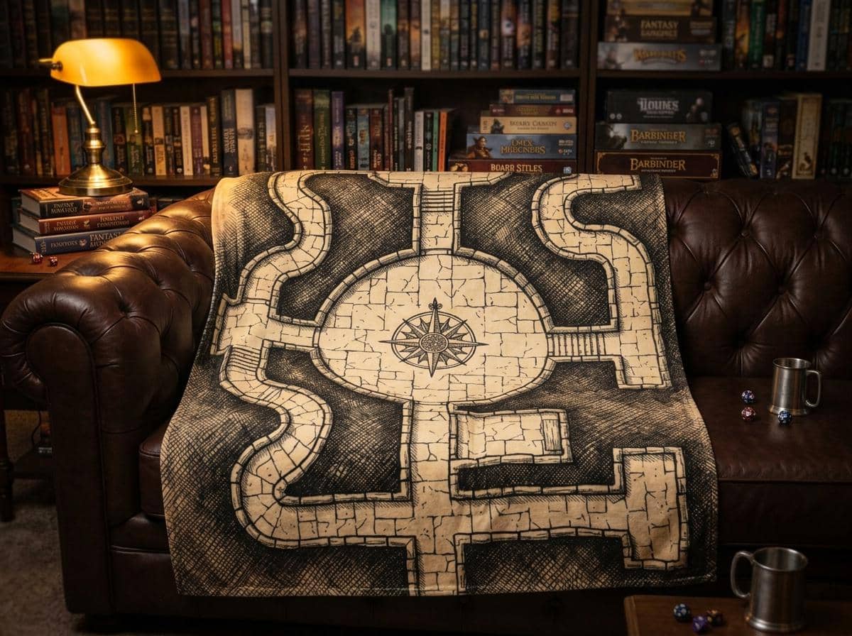 Ultra-soft fleece throw blanket printed edge-to-edge as a vintage hand-inked dungeon crawl floorplan with secret chambers and trap glyphs, shown on a game room couch
