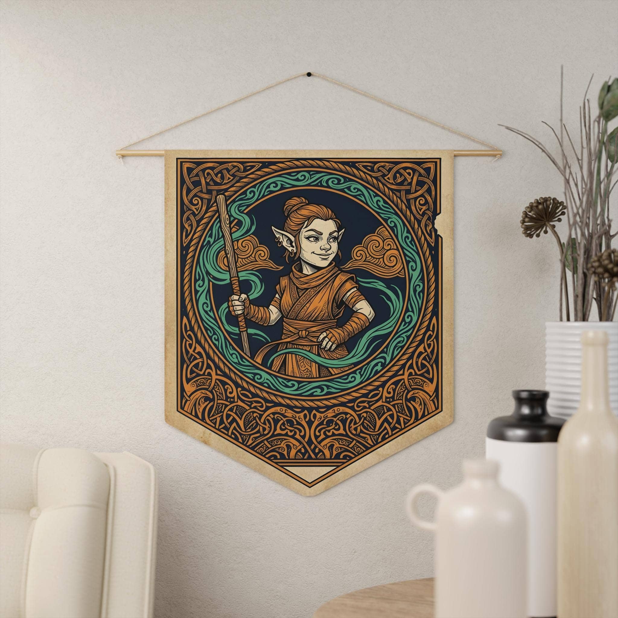 Vintage heraldic gnome monk pennant flag designed to elevate RPG campaign corners and gaming battle stations with authentic medieval heraldry and serene martial ki, in a room setting