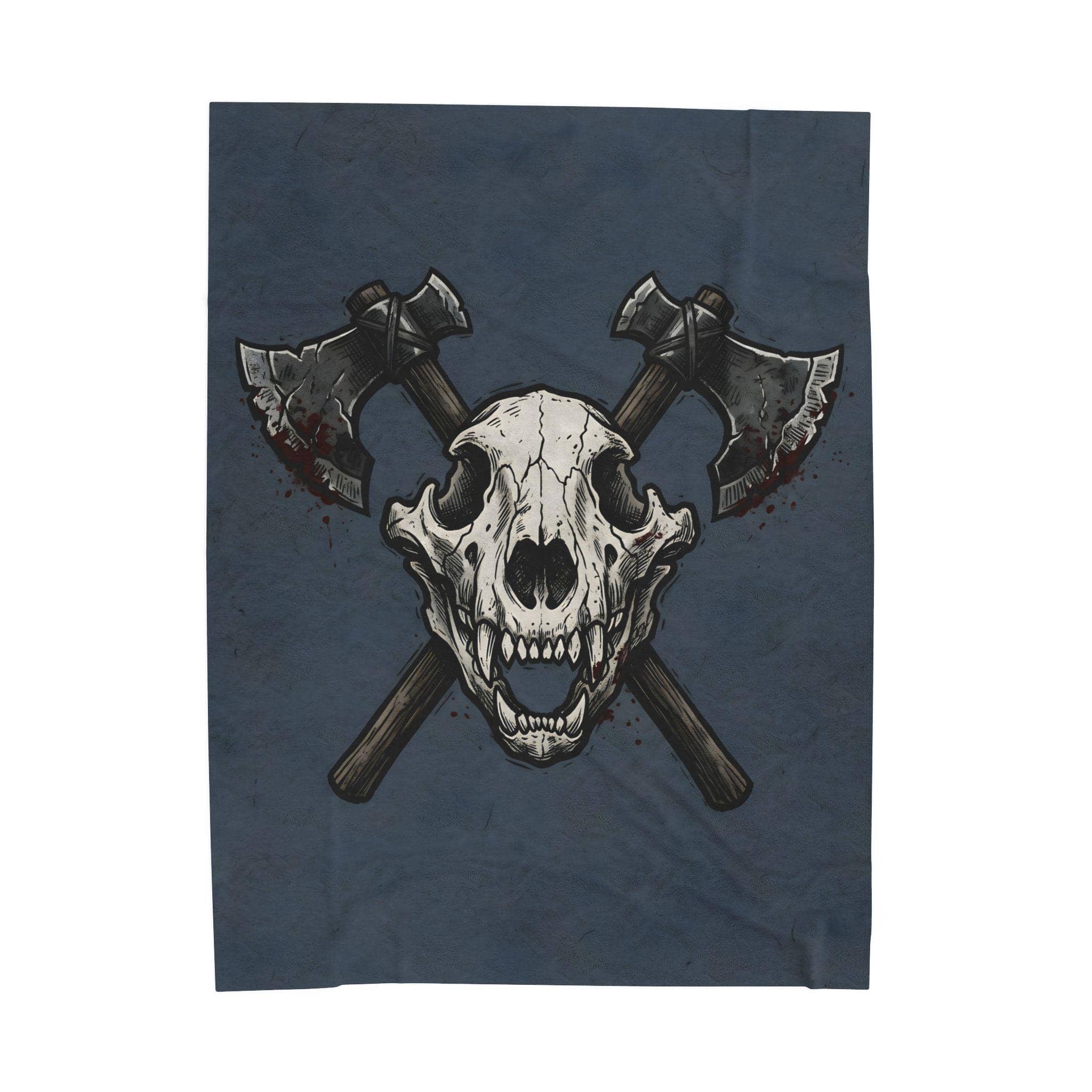 Ultra-soft plush throw blanket styled as an ancient battle-worn barbarian war crest, keeping tabletop roleplayers warm and immersed through long winter campaign marathons, front view