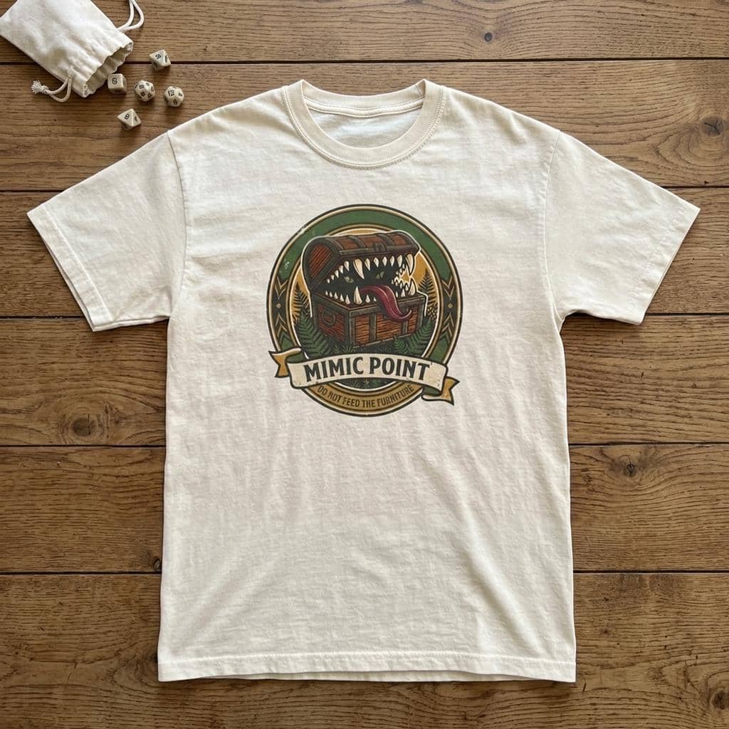 Deadpan national park badge tee warning dungeon adventurers against hungry furniture, shown laid flat among dice