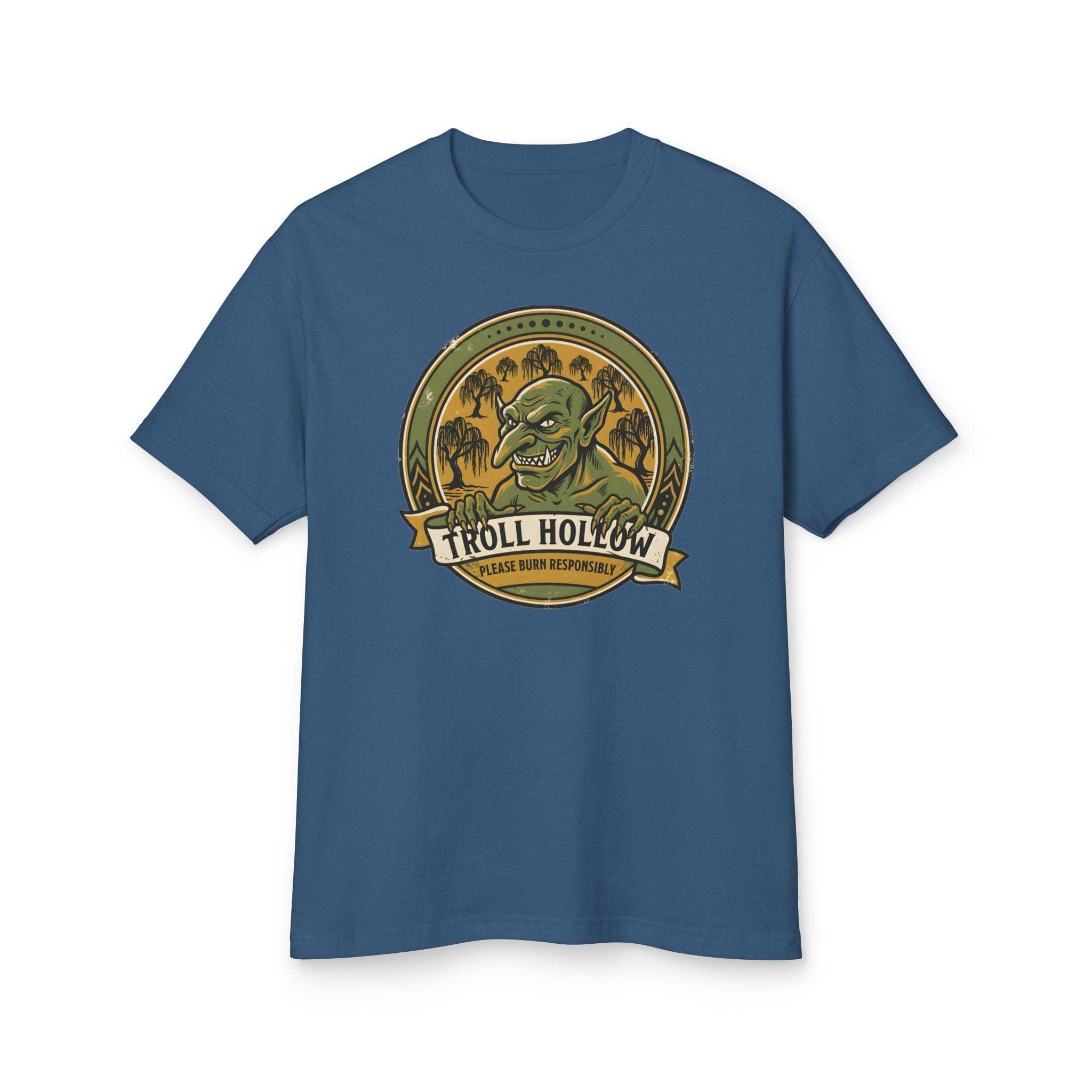 Vintage national park parody tee featuring a gangly swamp troll alongside a deadpan 'Please Burn Responsibly' fire warning for tabletop adventurers exploring monster-infested wetlands, front view