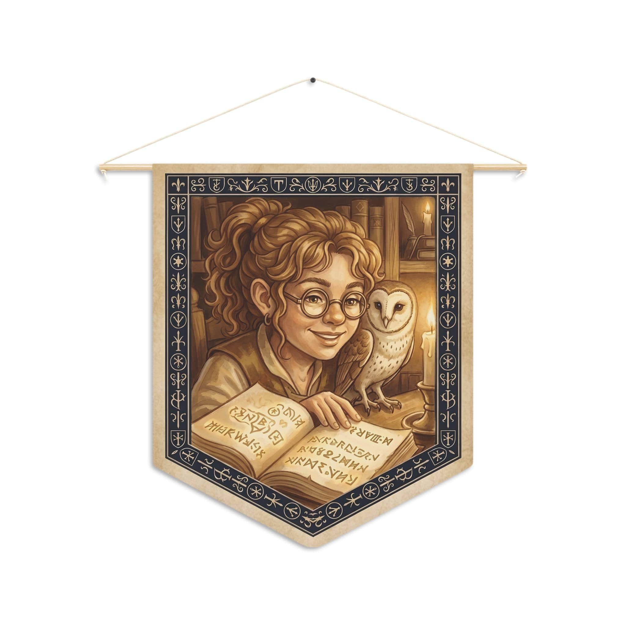 A cozy canvas pennant celebrating the bond between a halfling wizard and her feathered familiar, front view