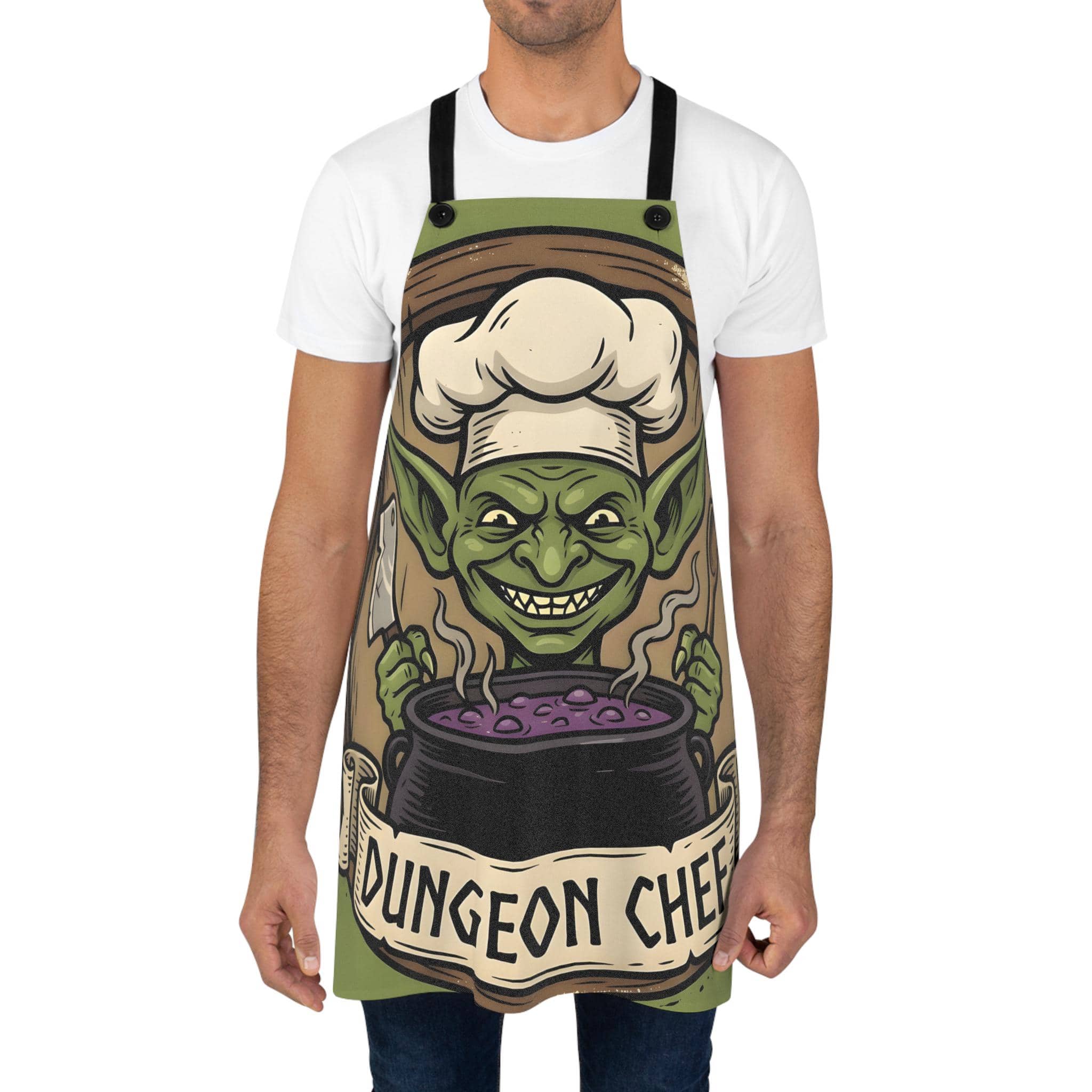 Humorous tabletop gaming apron for game-night snack hosts and DMs, pairing chaotic goblin tavern art with the high-demand, in a room setting