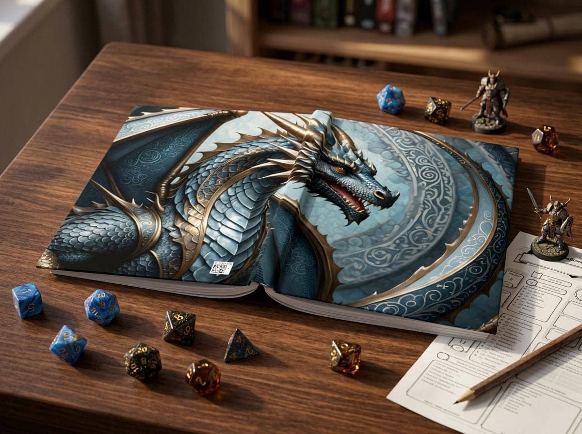 A journal with designs inspired by tabletop roleplaying characters, extending the proven 'dnd' theme, shown on the game table among dice and character sheets