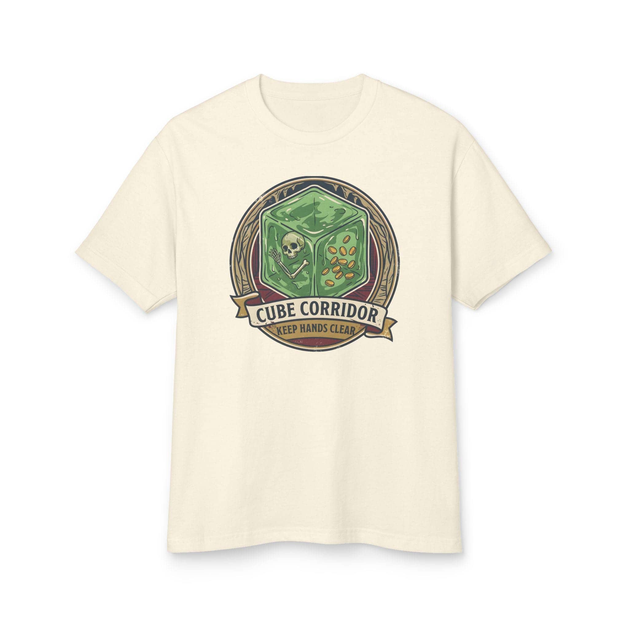 Vintage national park warning graphic tee featuring tabletop gaming's iconic translucent dungeon ooze alongside a deadpan caution sign for adventurers who touch strange corridor walls, front view