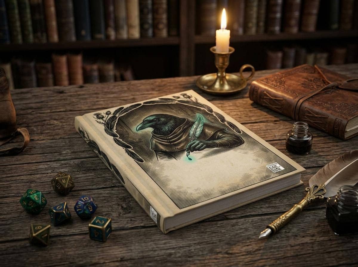Hardcover fantasy campaign notebook designed as an arcane Kenku scrivener's tome, shown on a desk beside a quill and ink