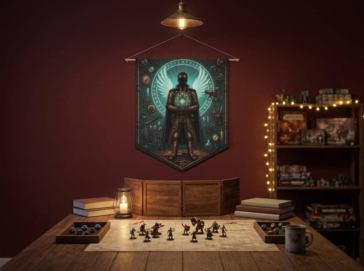 Radiant male aasimar artificer surrounded by arcane gadgets, tinkering tools, and celestial light on a premium pennant, shown on a game room wall