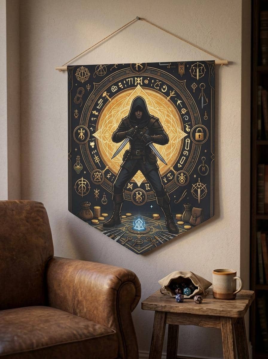 Cunning male human rogue illustration framed by shadowy arcane runes, twin daggers, and thieves' tools on a premium pennant, shown in a cosy den corner