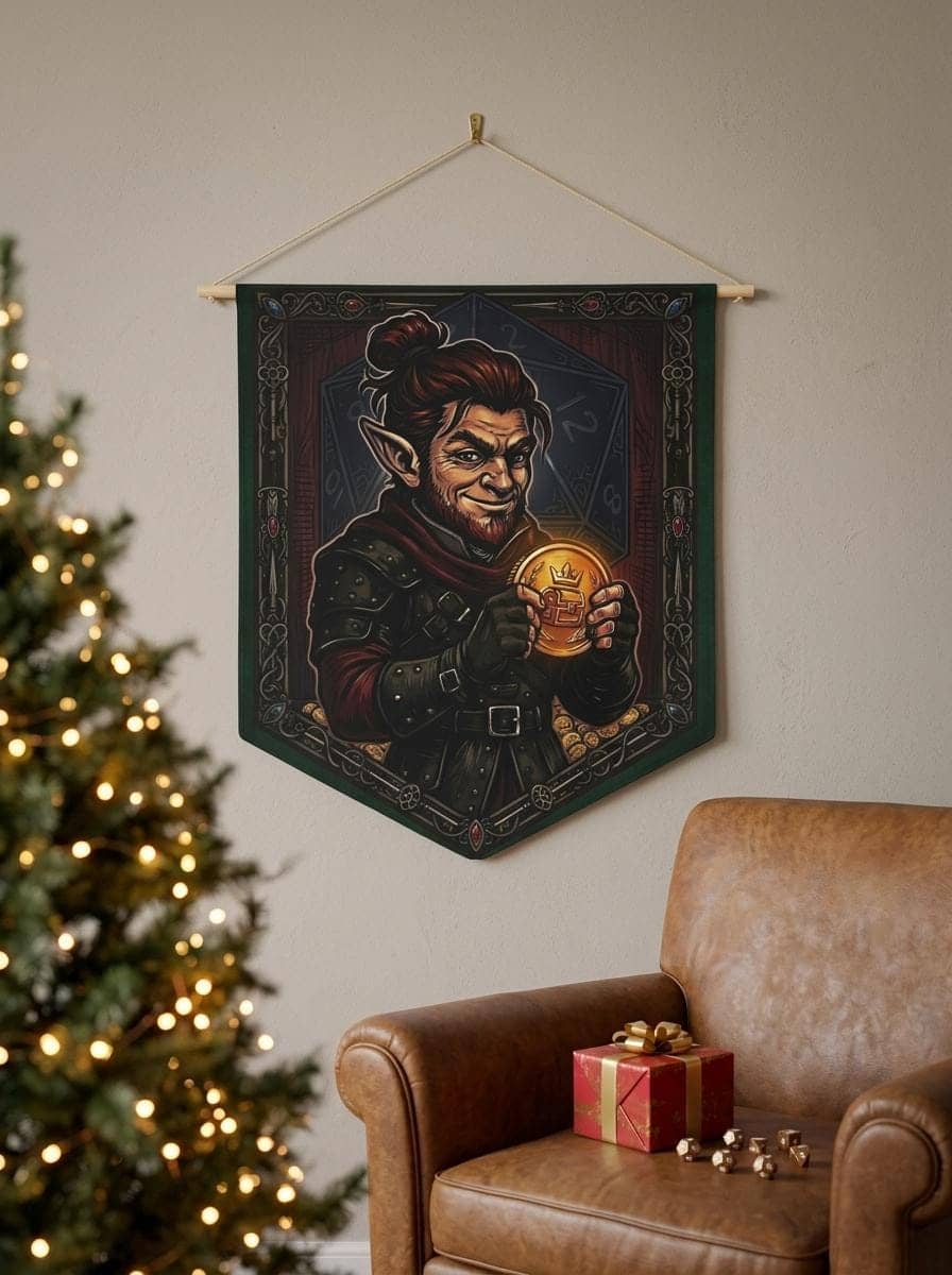 A bold screenprint-style canvas banner celebrating a critical Sleight of Hand roll, featuring a roguish gnome with his stolen prize to elevate a gaming room or pin collection corner, shown as a gift