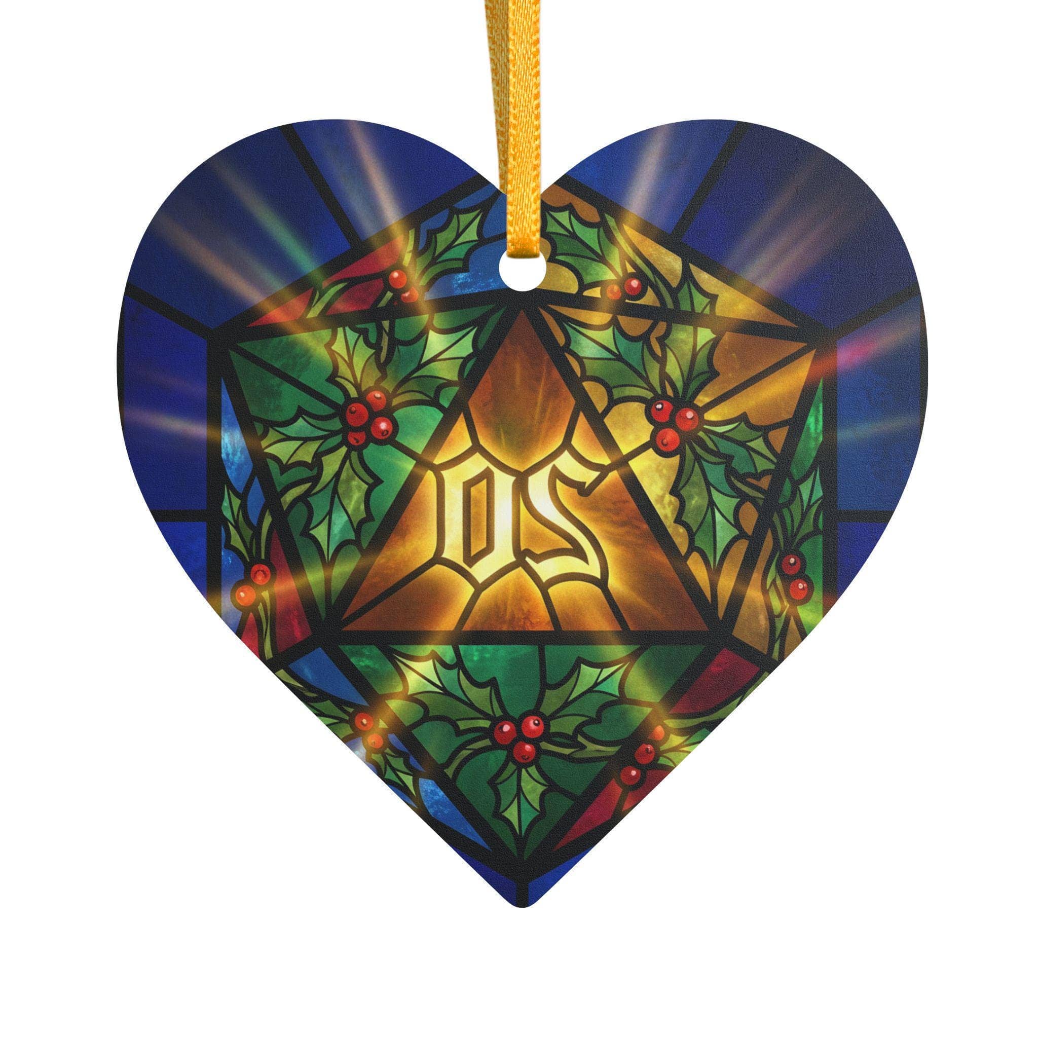 A celebratory tabletop holiday keepsake immortalizing a natural 20 critical hit, printed on an ornament, back view