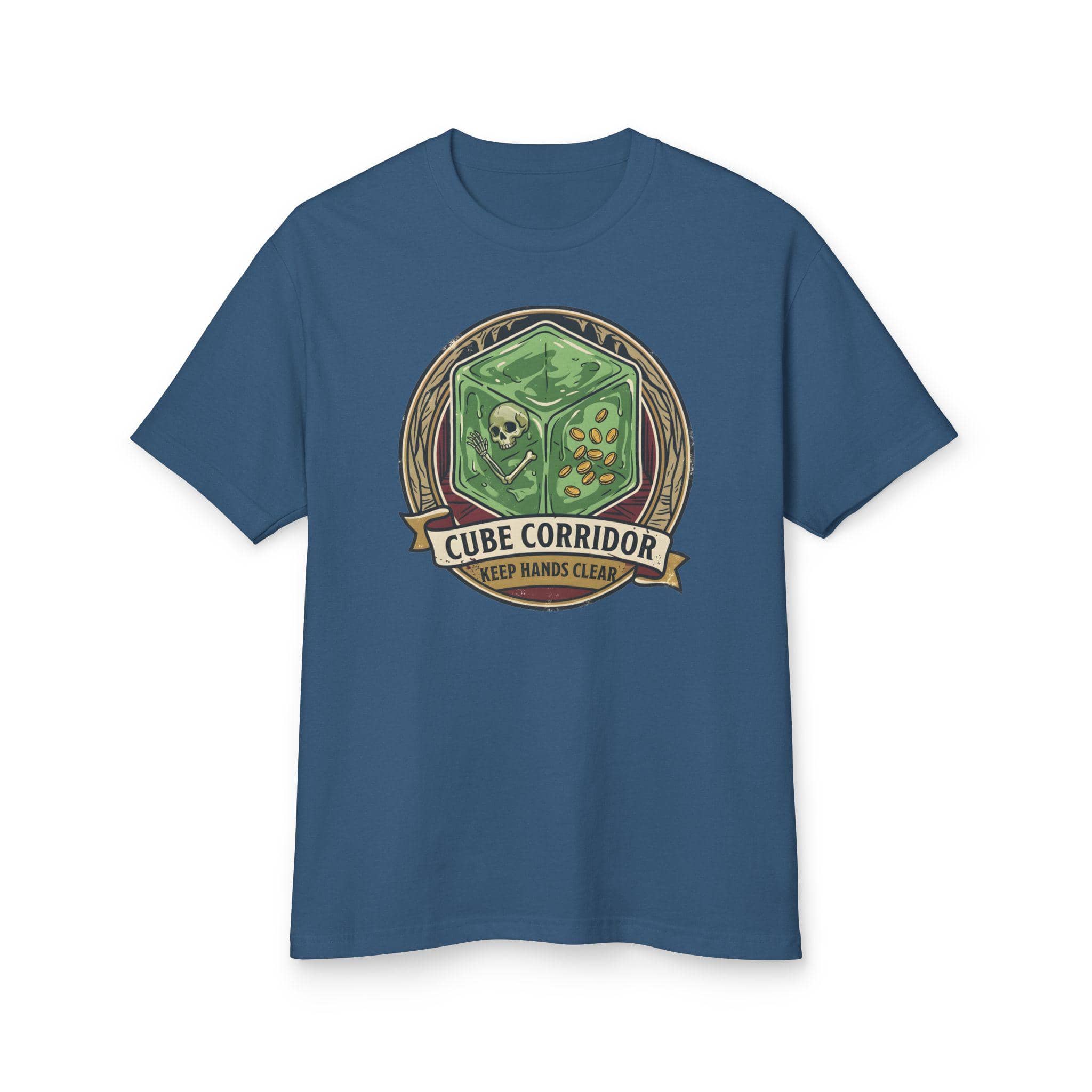 Vintage national park warning graphic tee featuring tabletop gaming's iconic translucent dungeon ooze alongside a deadpan caution sign for adventurers who touch strange corridor walls, front view