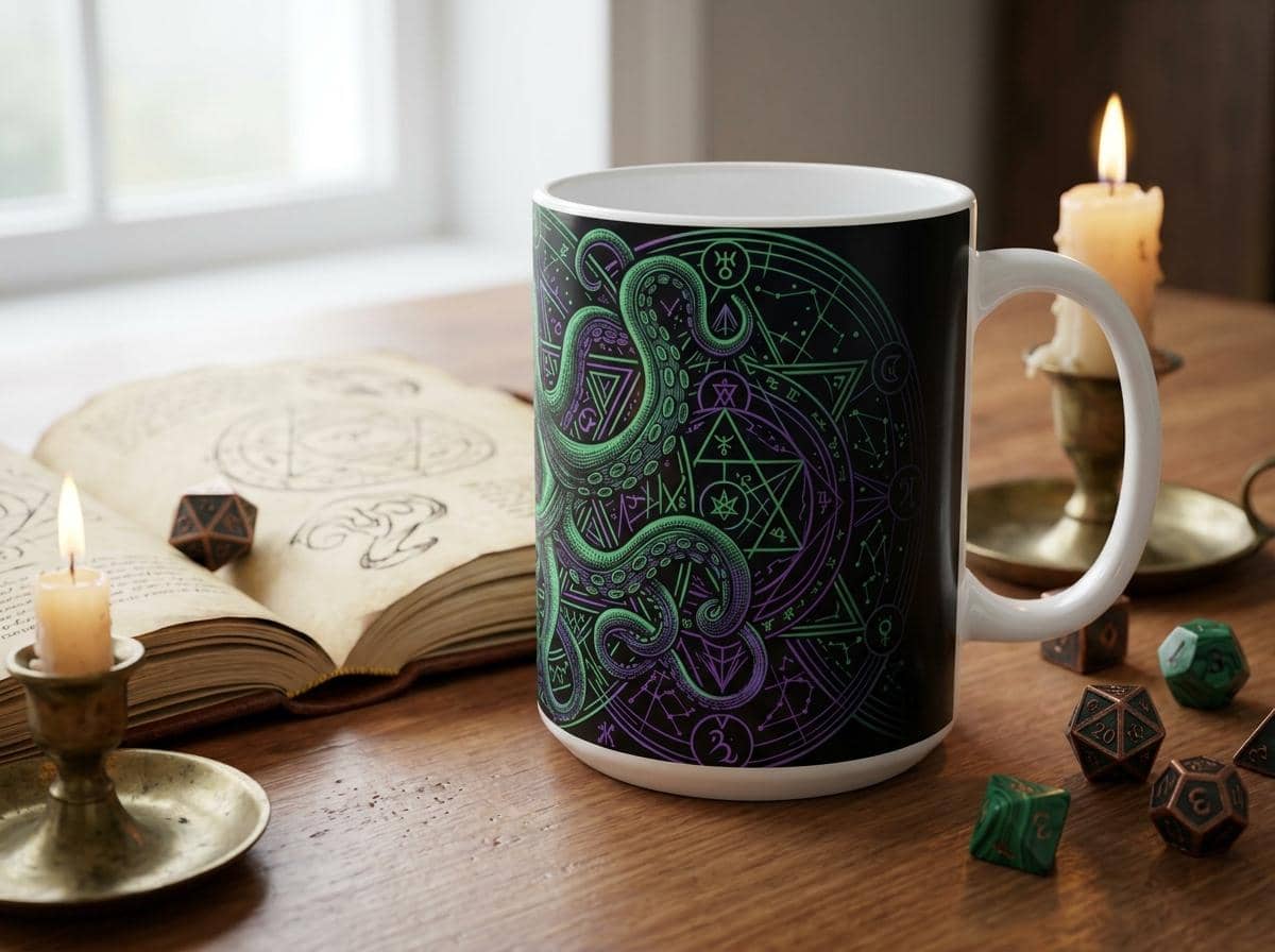An atmospheric ceramic gaming mug emblazoned with an eldritch Great Old One patron crest, targeted at warlock players and dungeon masters fueling late-night campaign sessions, shown on a desk beside an open rulebook