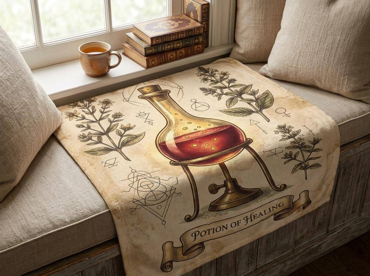 An ultra-soft tabletop gaming throw blanket styled as an authentic antique alchemical grimoire page detailing the legendary Potion of Healing, shown in a reading nook