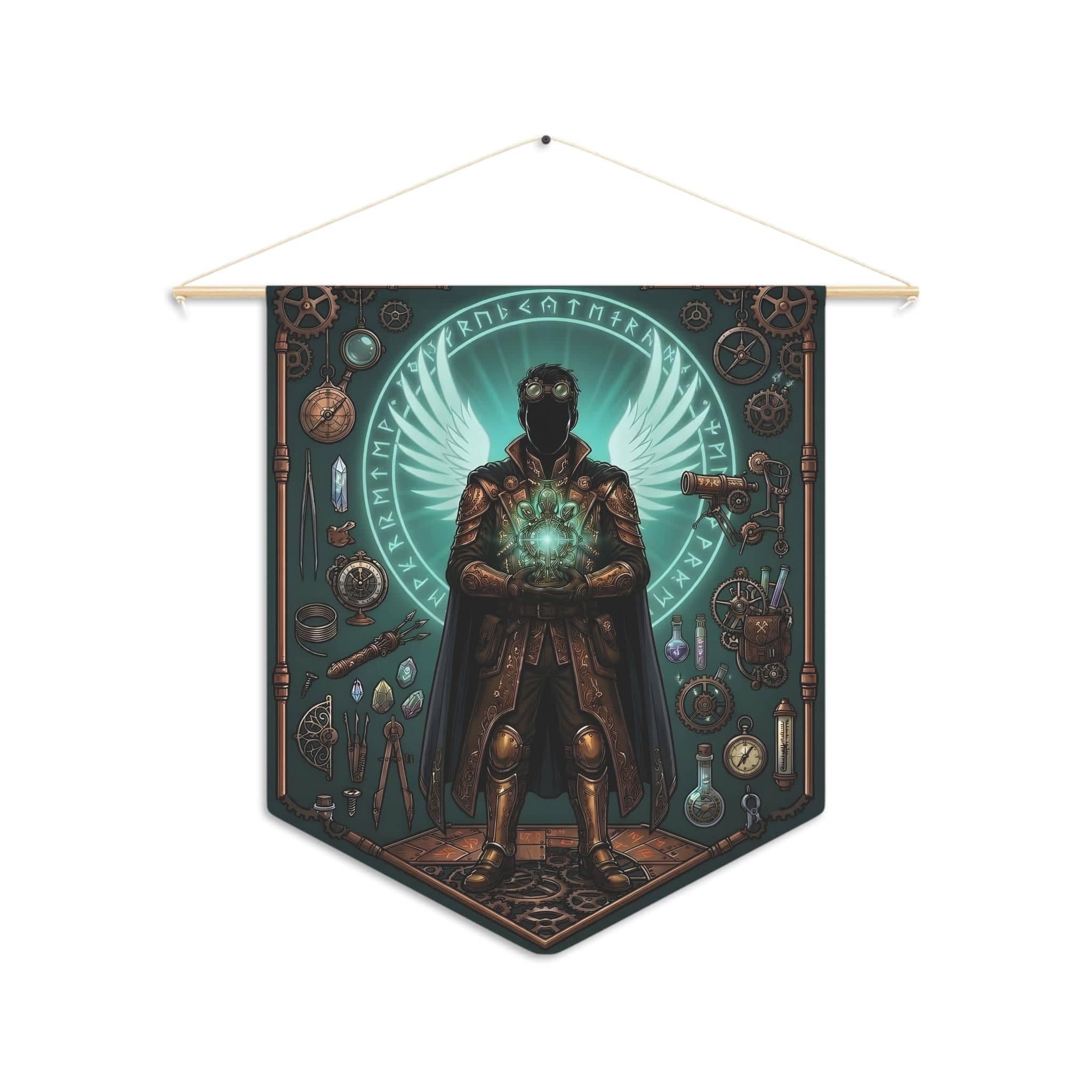 Radiant male aasimar artificer surrounded by arcane gadgets, tinkering tools, and celestial light on a premium pennant, front view