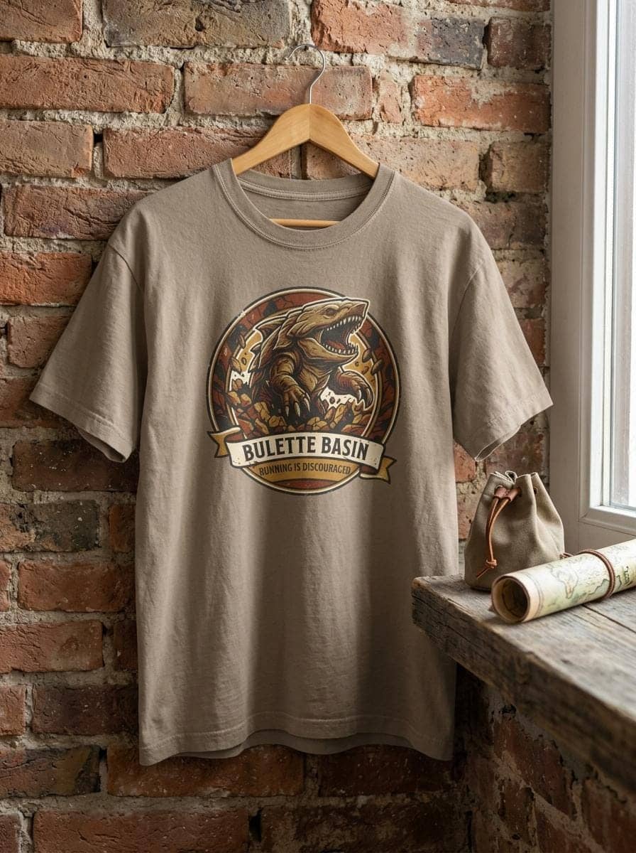 Vintage national park souvenir graphic tee featuring tabletop gaming's armored landshark burrower, paired with deadpan trail advice warning adventurers that running only draws its tremorsense, shown on a hanger
