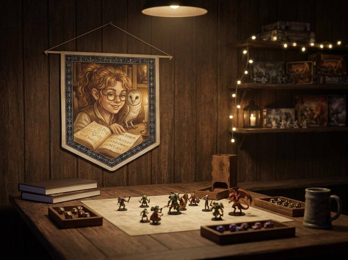 A cozy canvas pennant celebrating the bond between a halfling wizard and her feathered familiar, shown on a game room wall