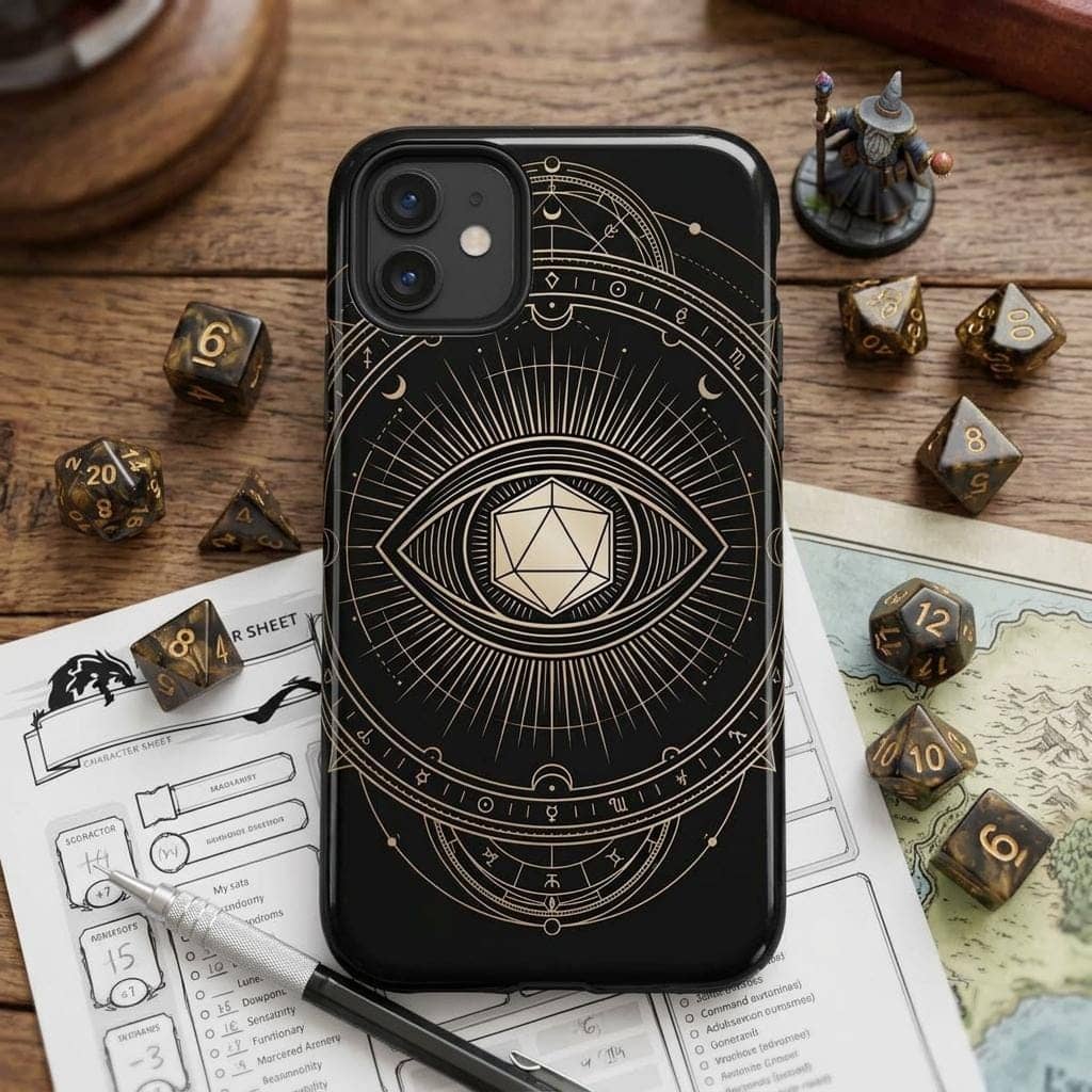 Transforms the buyer's phone into an arcane guardian talisman, flaunting a high passive perception check with an ornate d20 all-seeing eye, printed on a phone case, shown on the game table among dice and character sheets