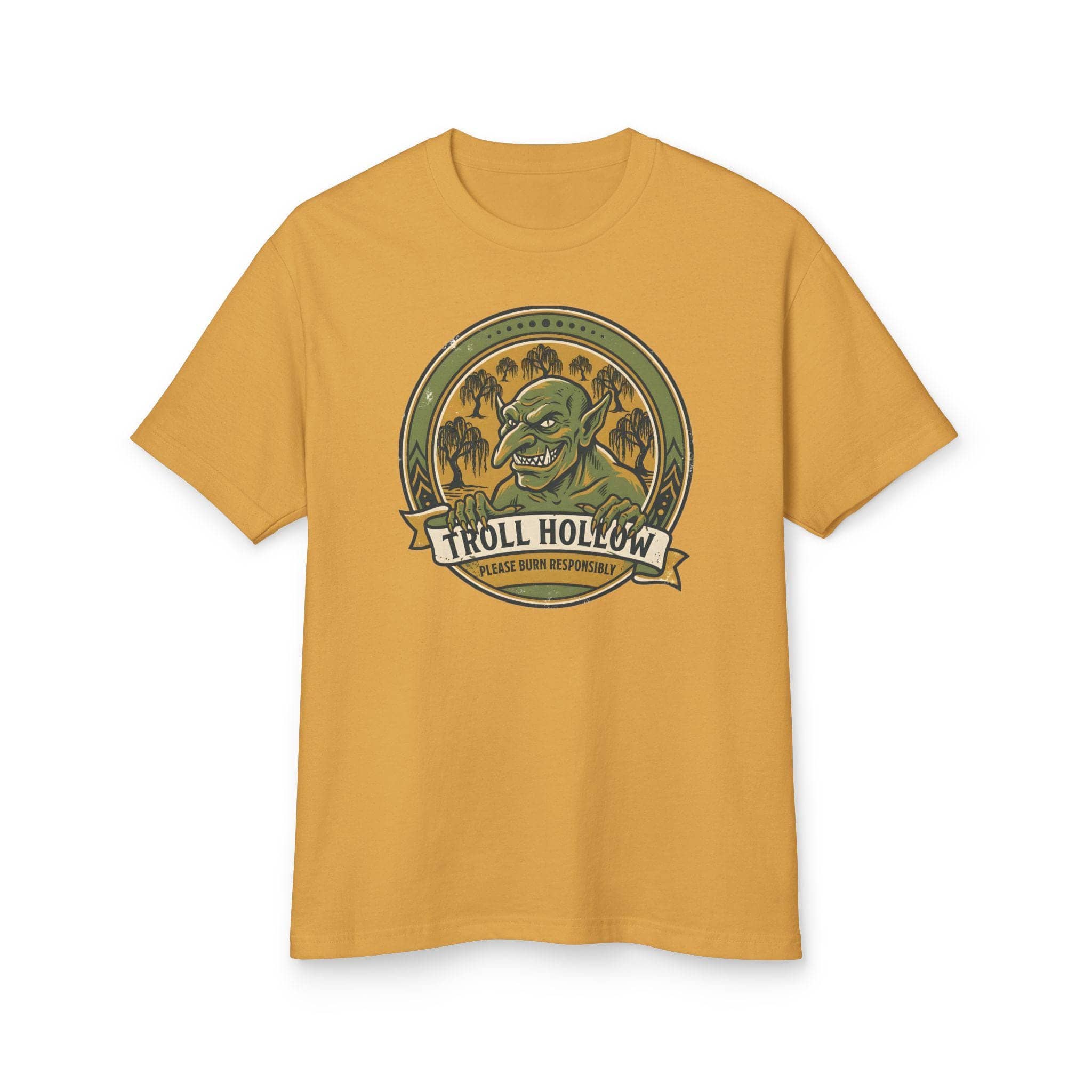 Vintage national park parody tee featuring a gangly swamp troll alongside a deadpan 'Please Burn Responsibly' fire warning for tabletop adventurers exploring monster-infested wetlands, front view