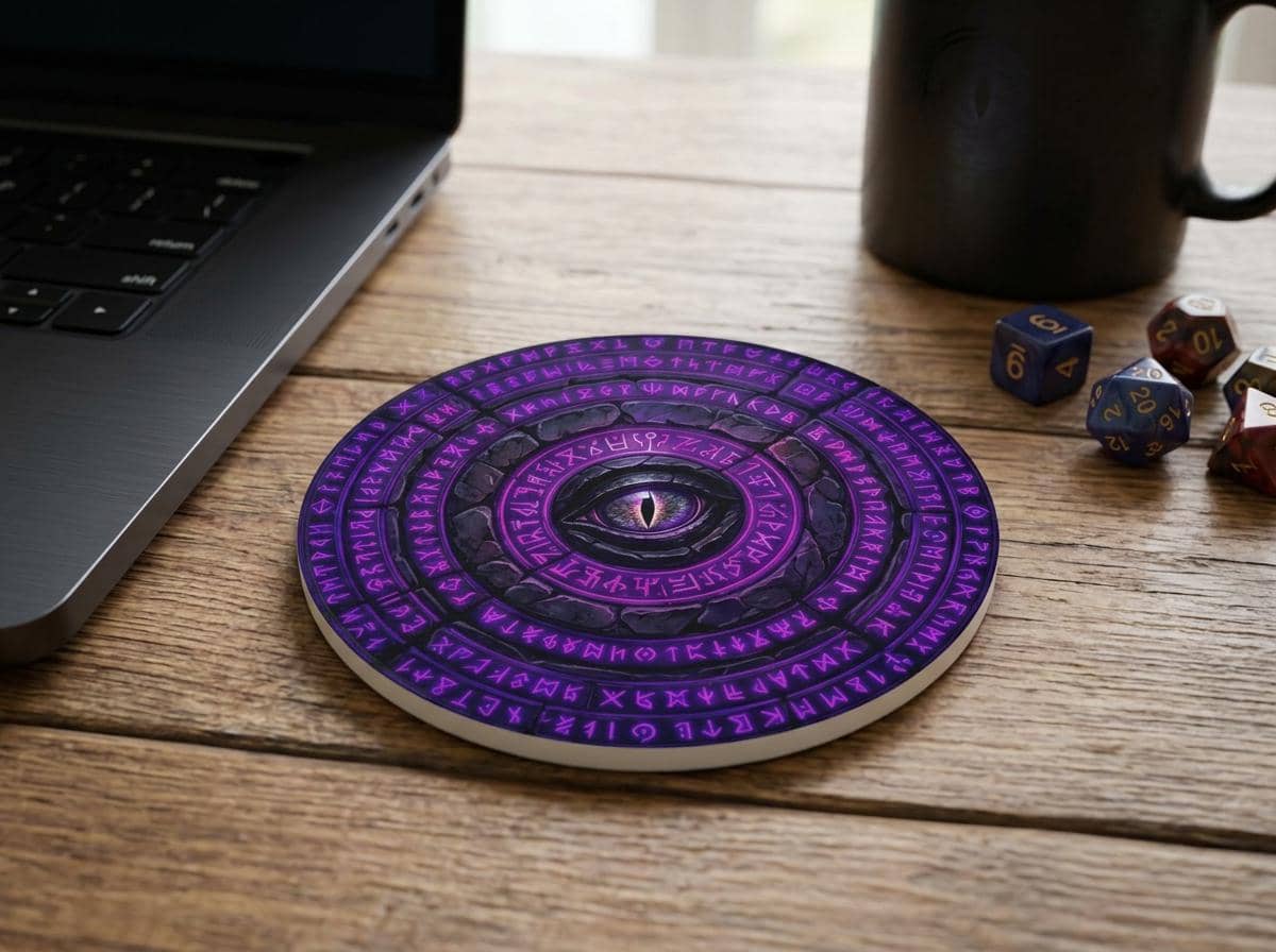 Transform beverage condensation into an in-game hazard with a coaster styled like a freshly unearthed cursed relic, shown on a desk