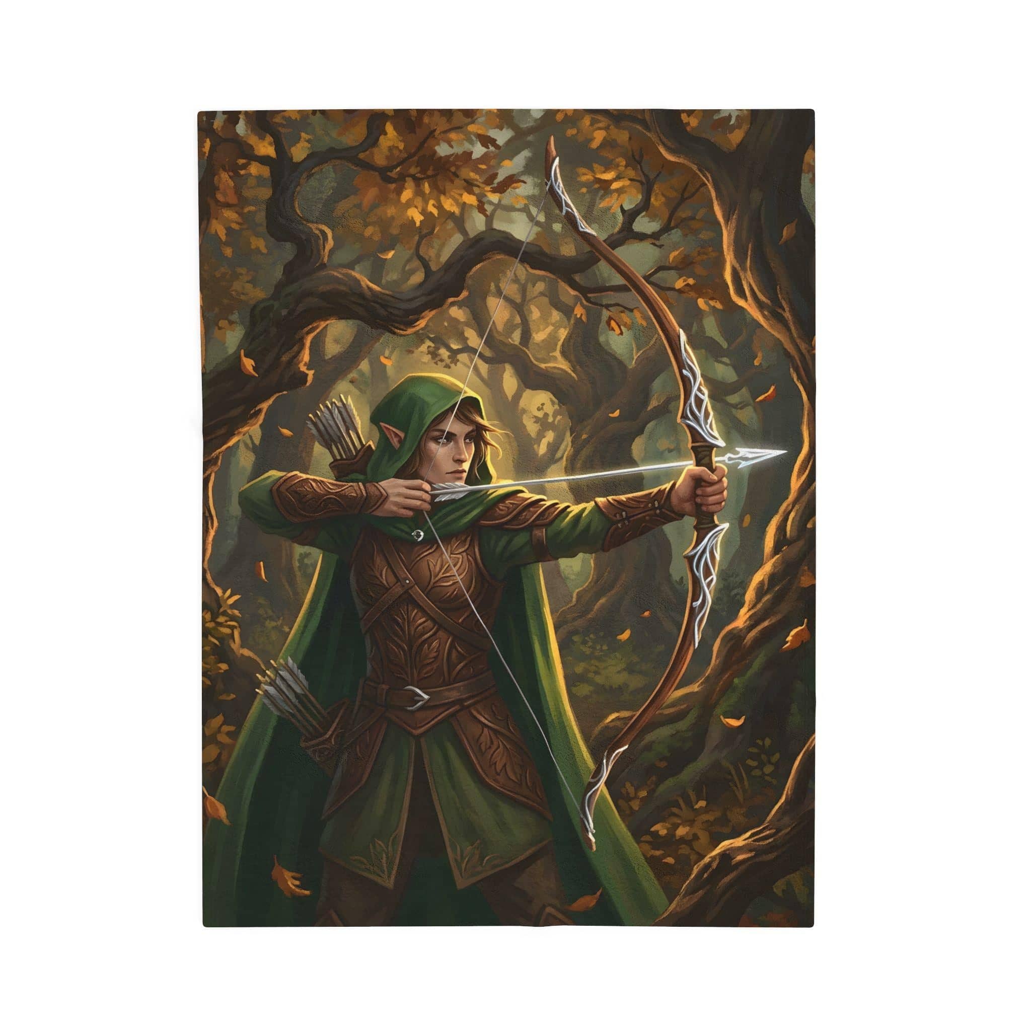 Cozy up during late-night gaming sessions with a plush sherpa-lined fleece throw blanket featuring a wood elf ranger nocking an arrow in an ancient autumnal woodland, front view