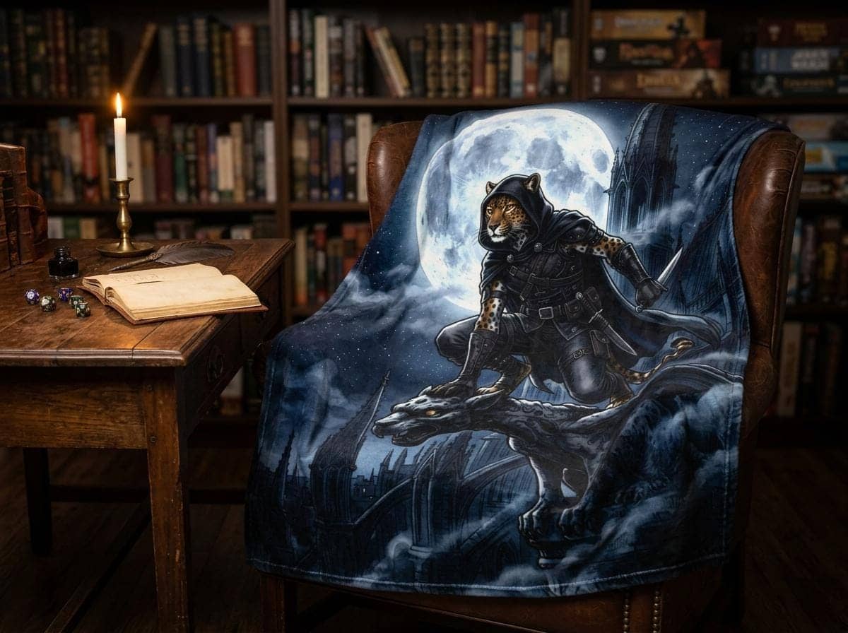 A plush velveteen throw blanket showcasing an agile feline rogue crouching across gothic cathedral spires under a giant silver moon, shown draped over a study armchair