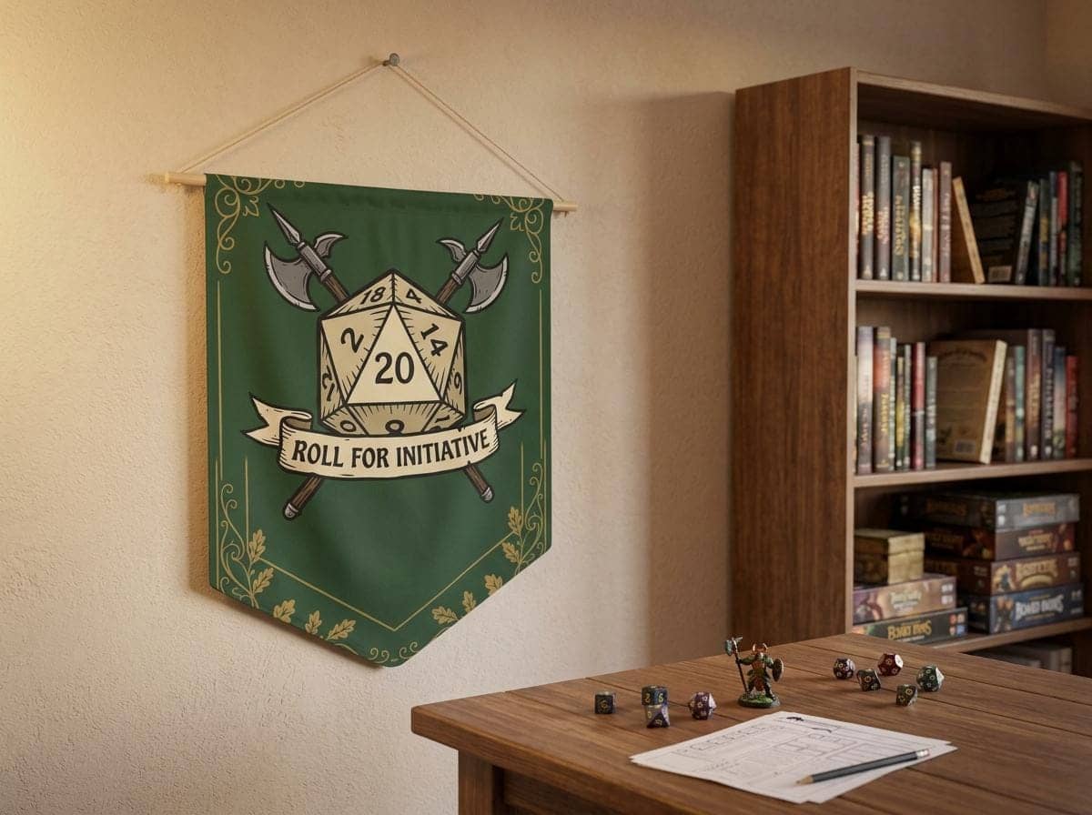 An authentic tavern-inspired heraldic battle cry banner designed to mark game room territory, solving the search for high-impact Dungeon Master appreciation and game night housewarming gifts, shown on a game room wall