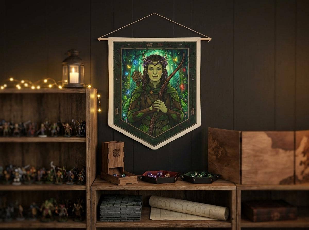 Subverts brutal half-orc tropes with enchanting Feywild cottagecore charm, printed on a pennant, shown on the wall above a bookshelf