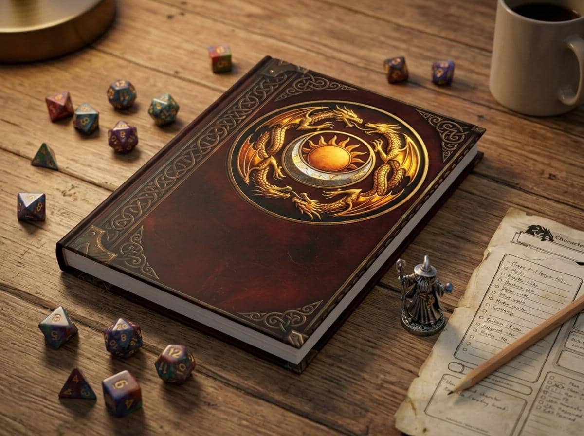 Hardcover ruled fantasy campaign journal designed as an ancient pact tome, shown on the game table among dice and character sheets