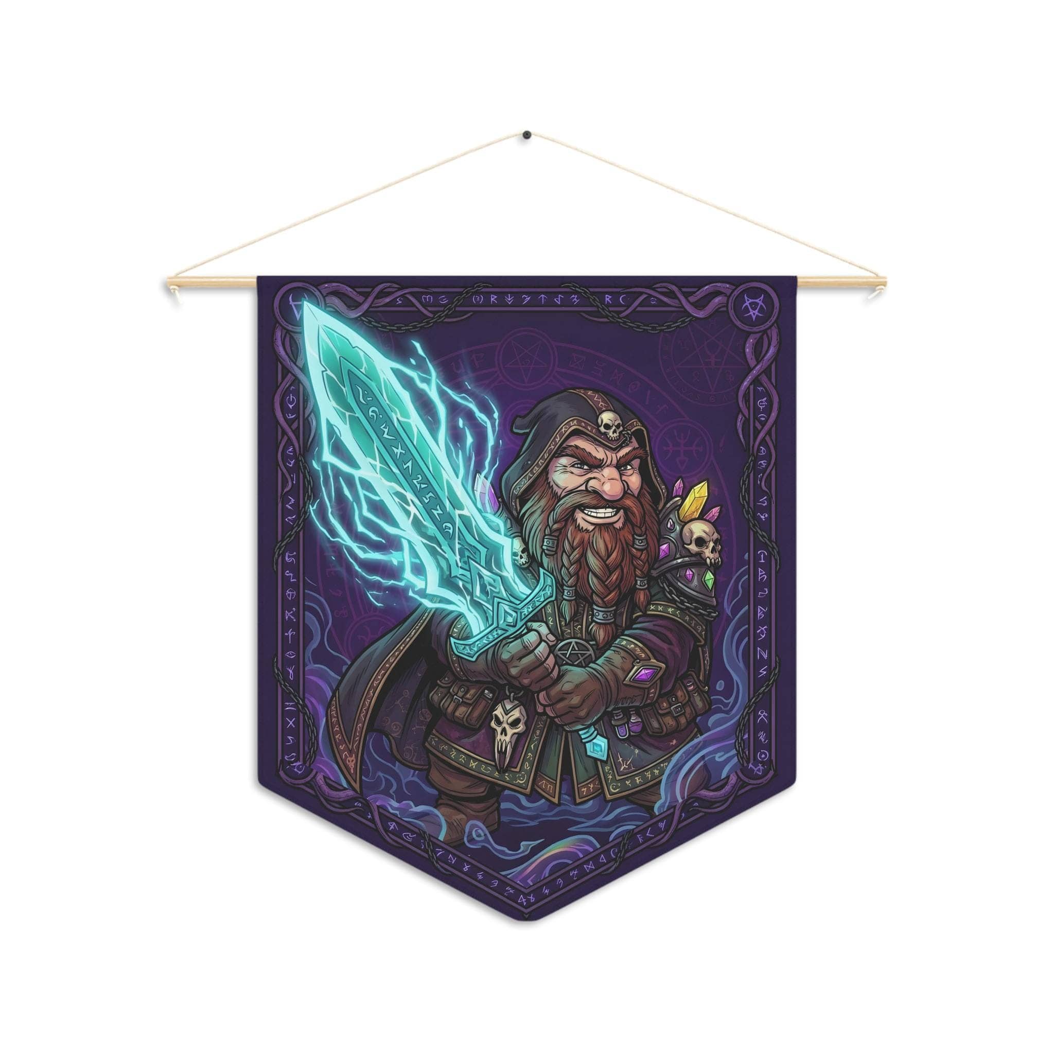 Graphic fantasy felt-style pennant featuring a fierce gnome warlock channeling a massive cyan spectral greatsword, front view