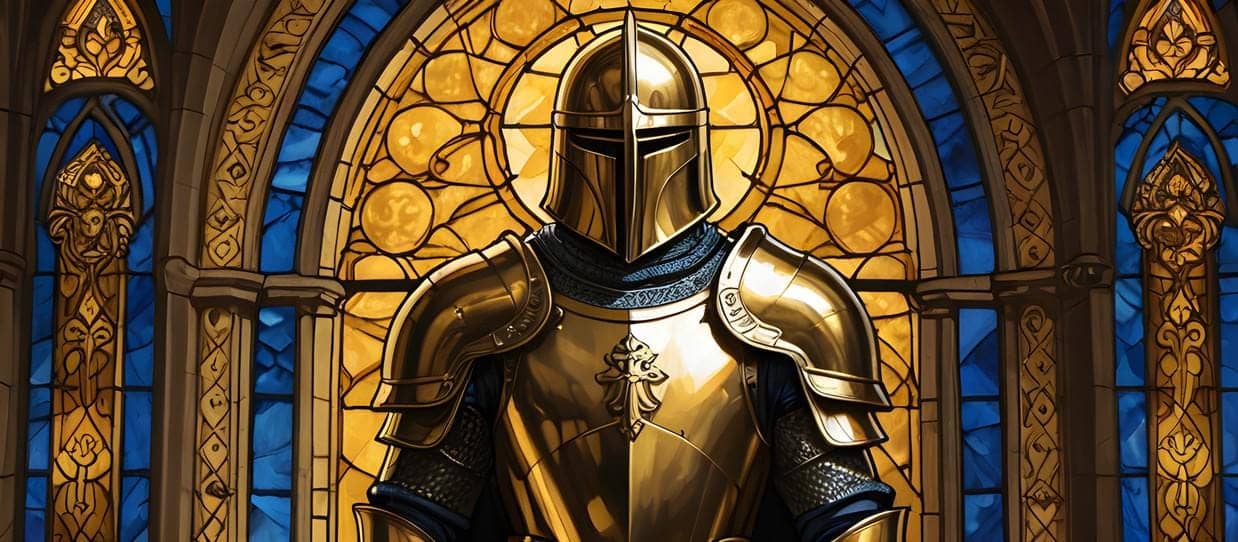 A beautifully illustrated mug that embodies the code of a paladin, the complete printed design shown flat, the artwork