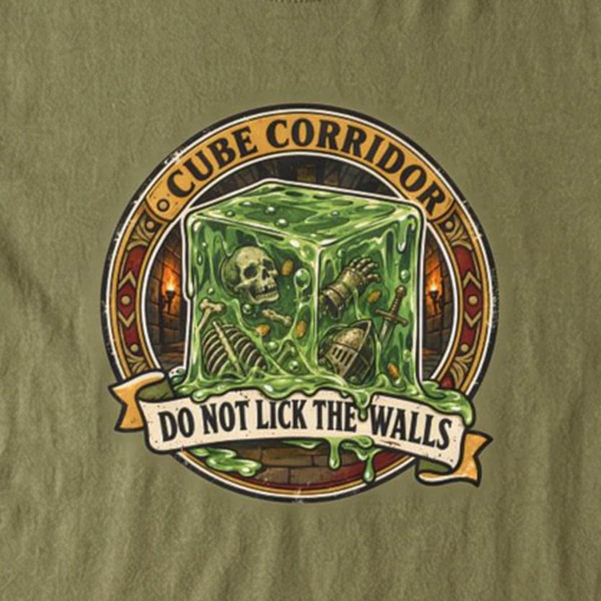 Vintage national park warning graphic tee featuring tabletop gaming's iconic translucent dungeon ooze alongside a deadpan caution sign for adventurers who touch strange corridor walls, the printed design seen close up - close-up photo