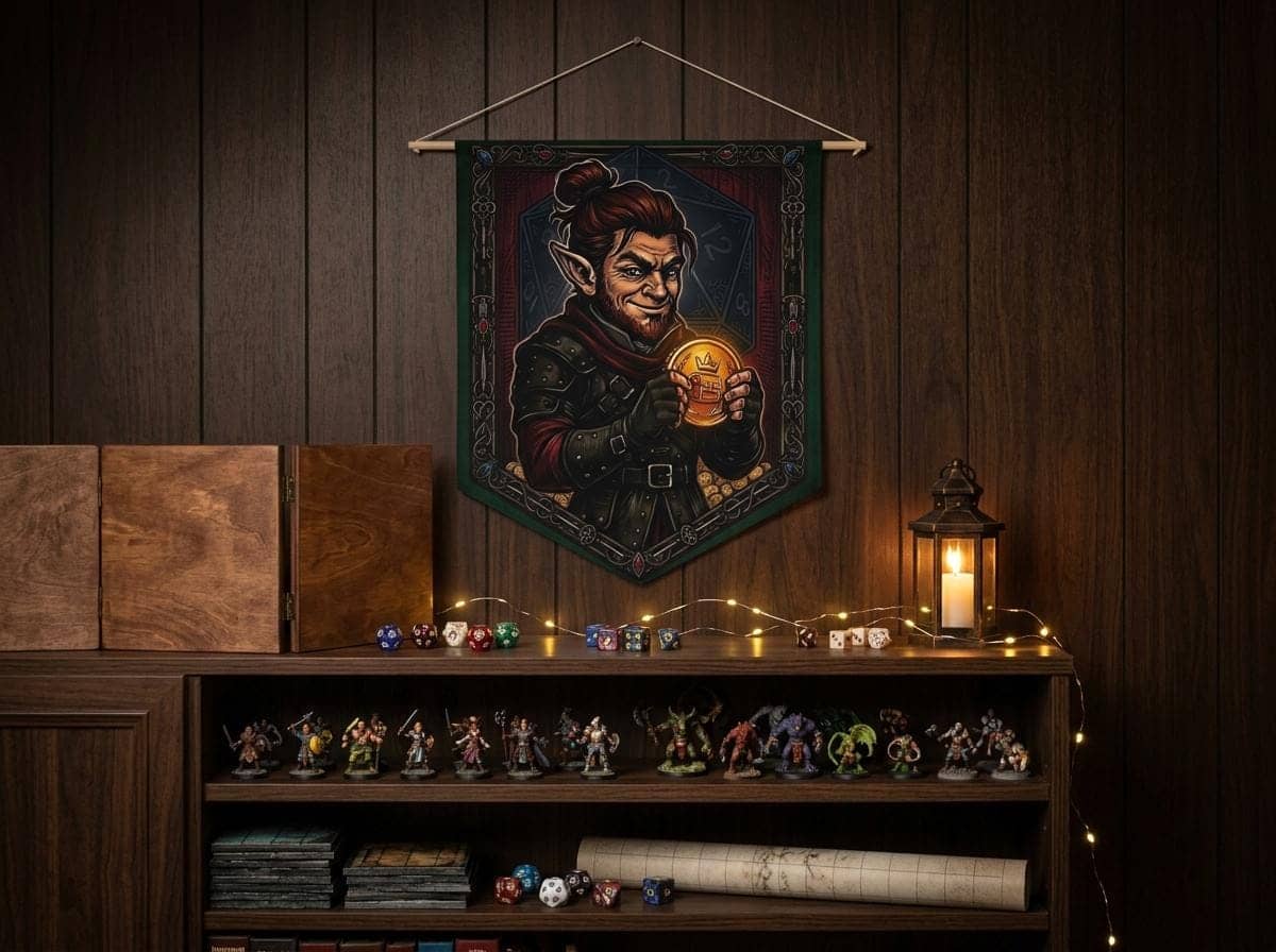 A bold screenprint-style canvas banner celebrating a critical Sleight of Hand roll, featuring a roguish gnome with his stolen prize to elevate a gaming room or pin collection corner, shown on the wall above a bookshelf