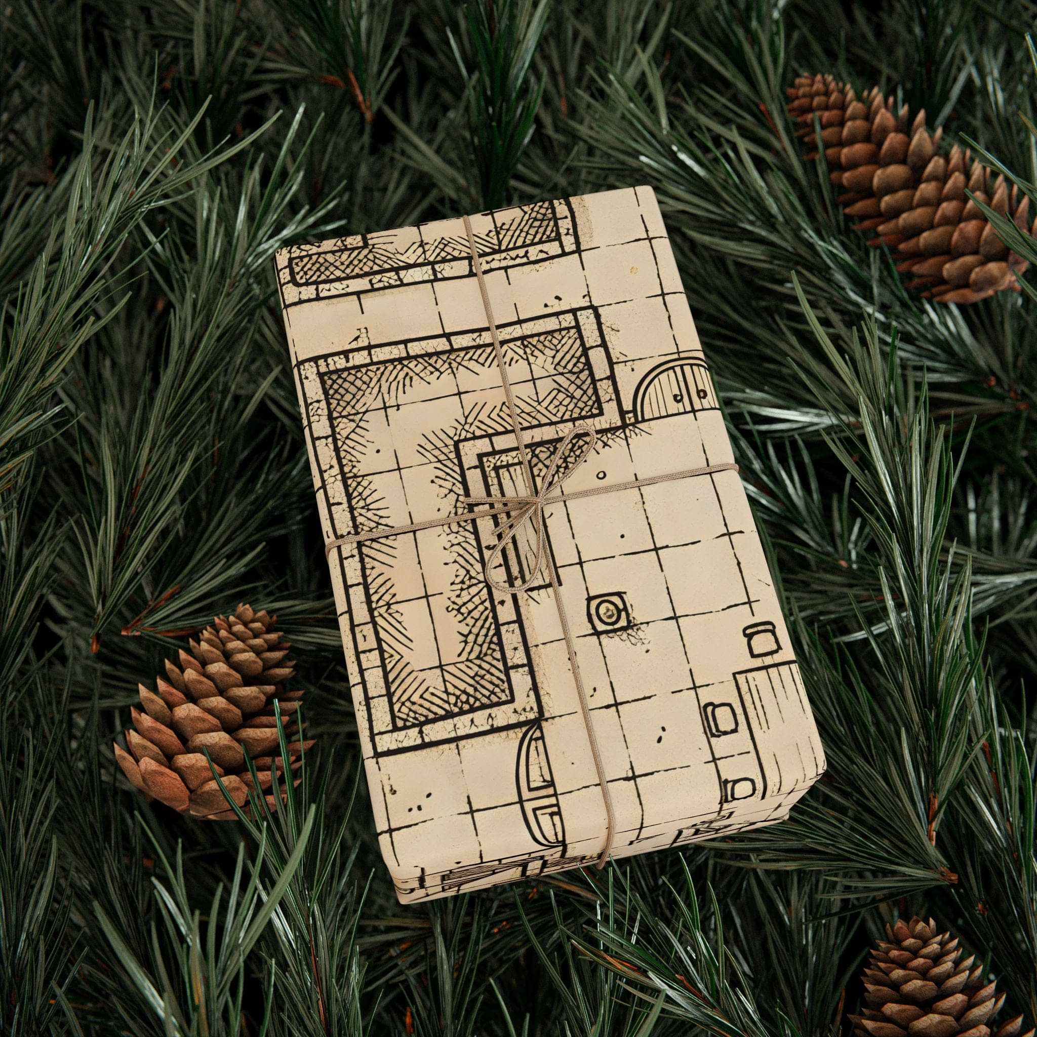 Turn rulebooks, dice, and miniatures into genuine campaign loot with wrapping paper that doubles as a detailed, playable hand-drawn parchment dungeon battlemap, in a room setting