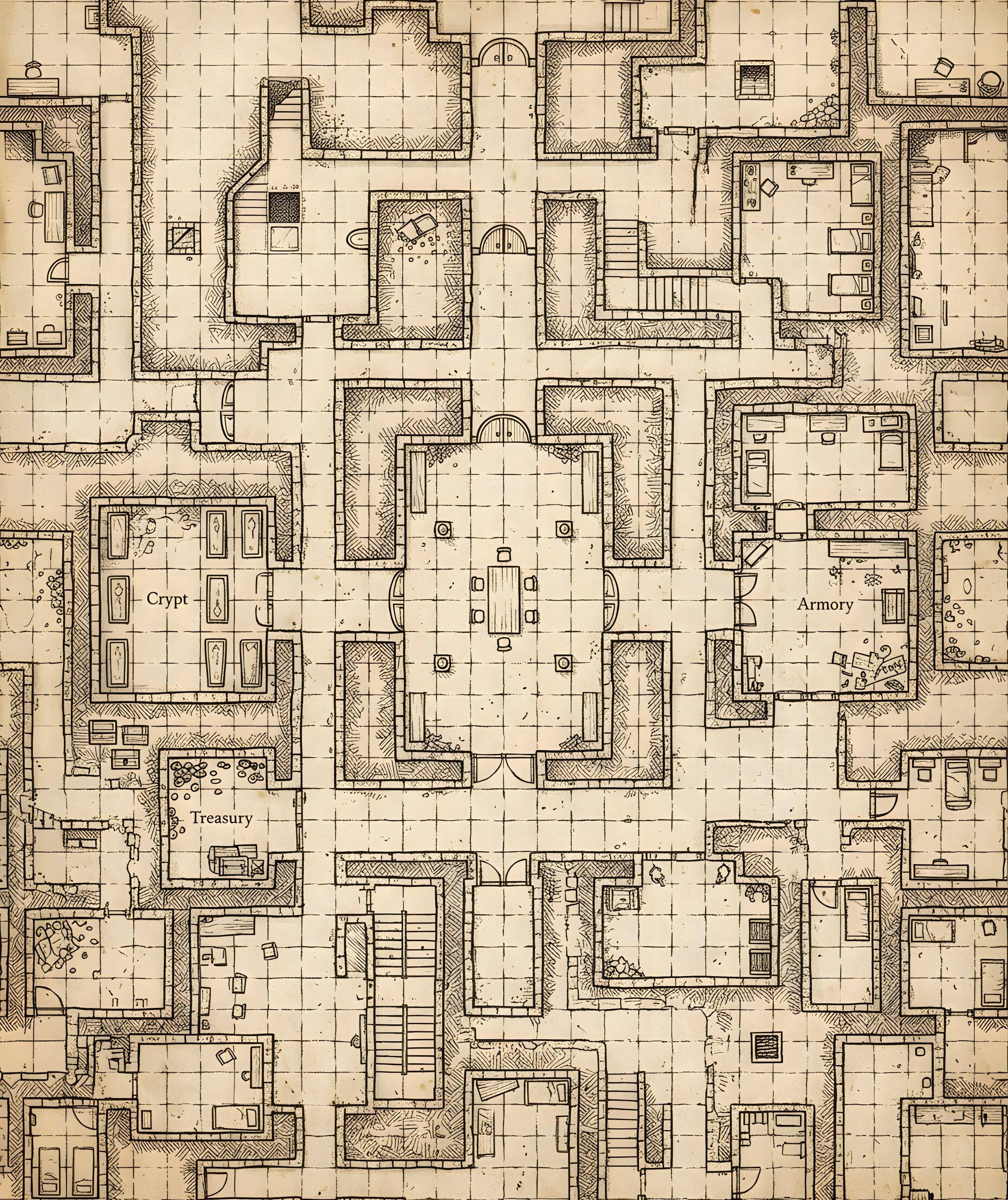 Turn rulebooks, dice, and miniatures into genuine campaign loot with wrapping paper that doubles as a detailed, playable hand-drawn parchment dungeon battlemap, the complete printed design shown flat, the artwork