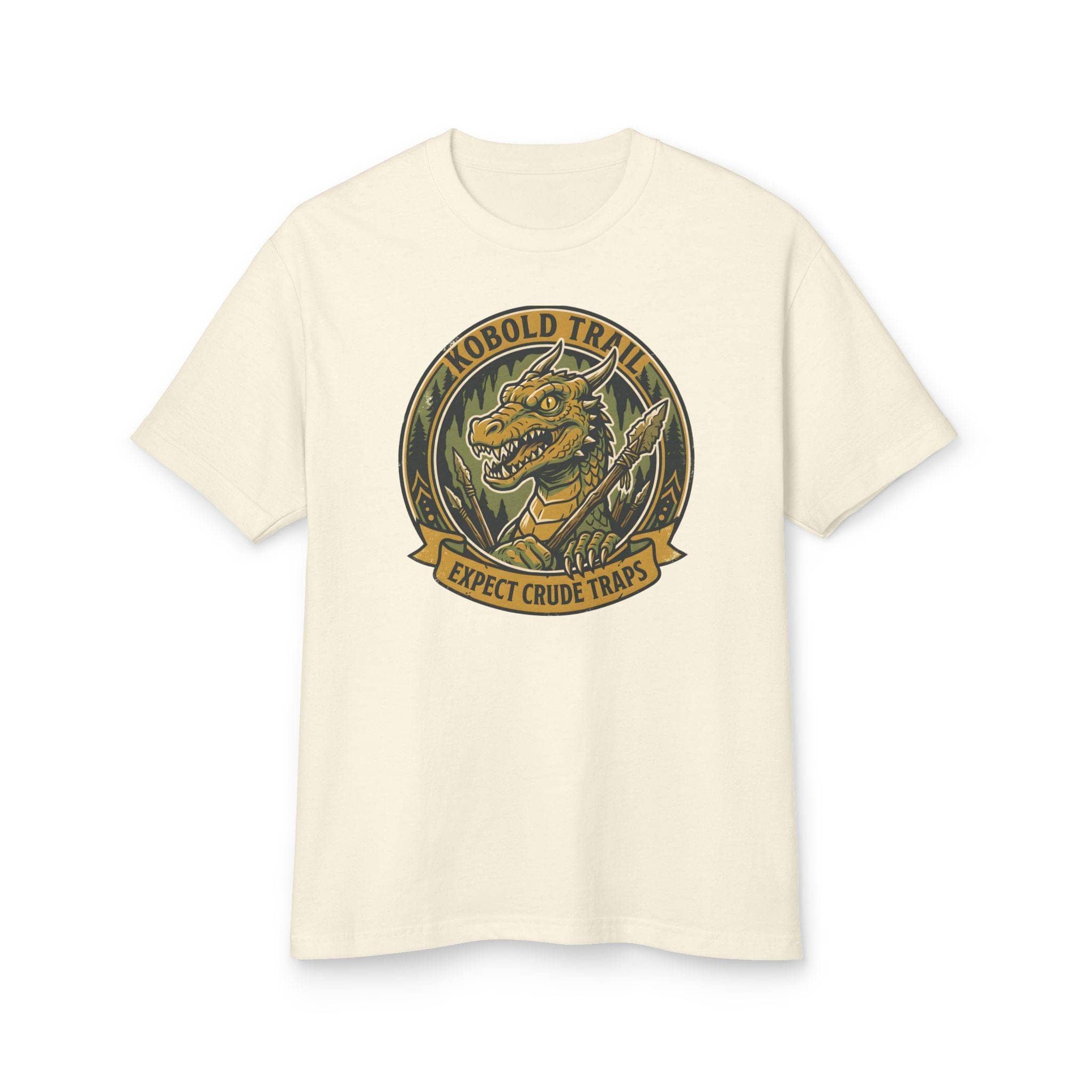 Deadpan national park style graphic tee warning tabletop adventurers to watch their step for crude traps along the kobold trail, front view
