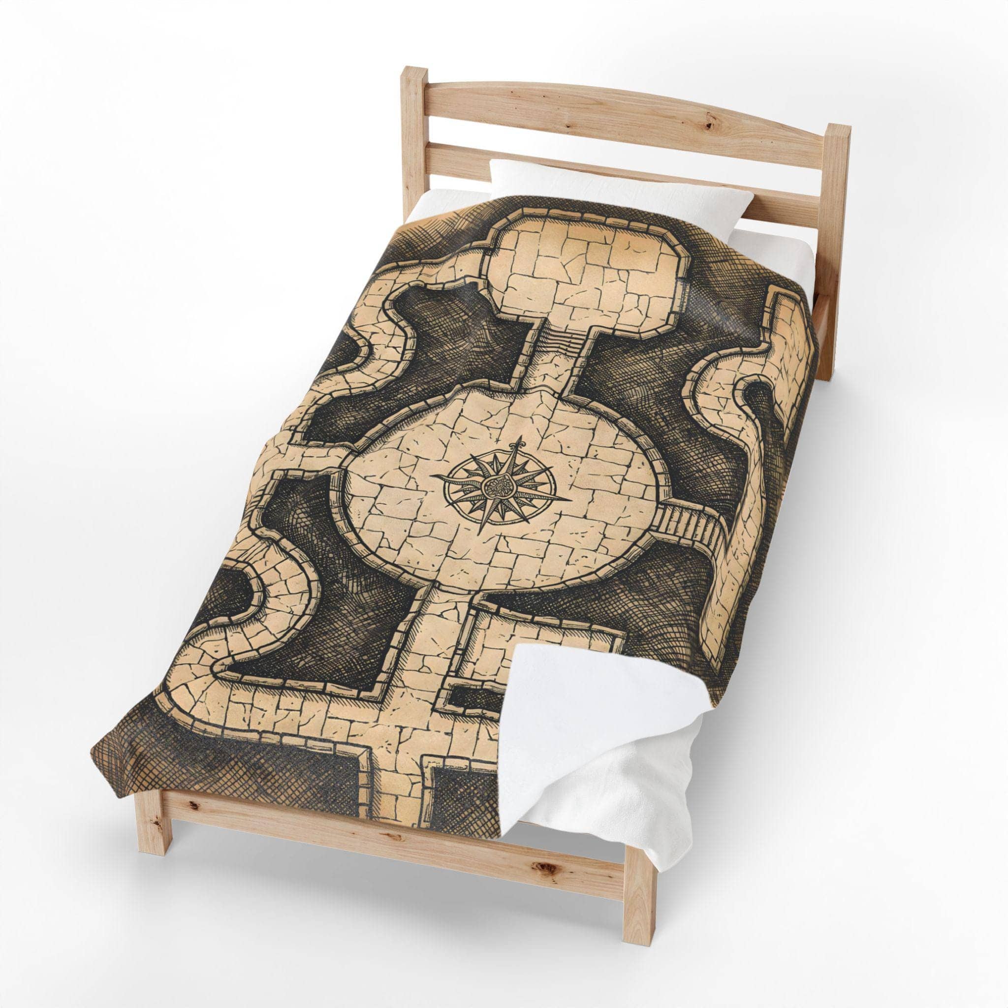 Ultra-soft fleece throw blanket printed edge-to-edge as a vintage hand-inked dungeon crawl floorplan with secret chambers and trap glyphs, in a room setting