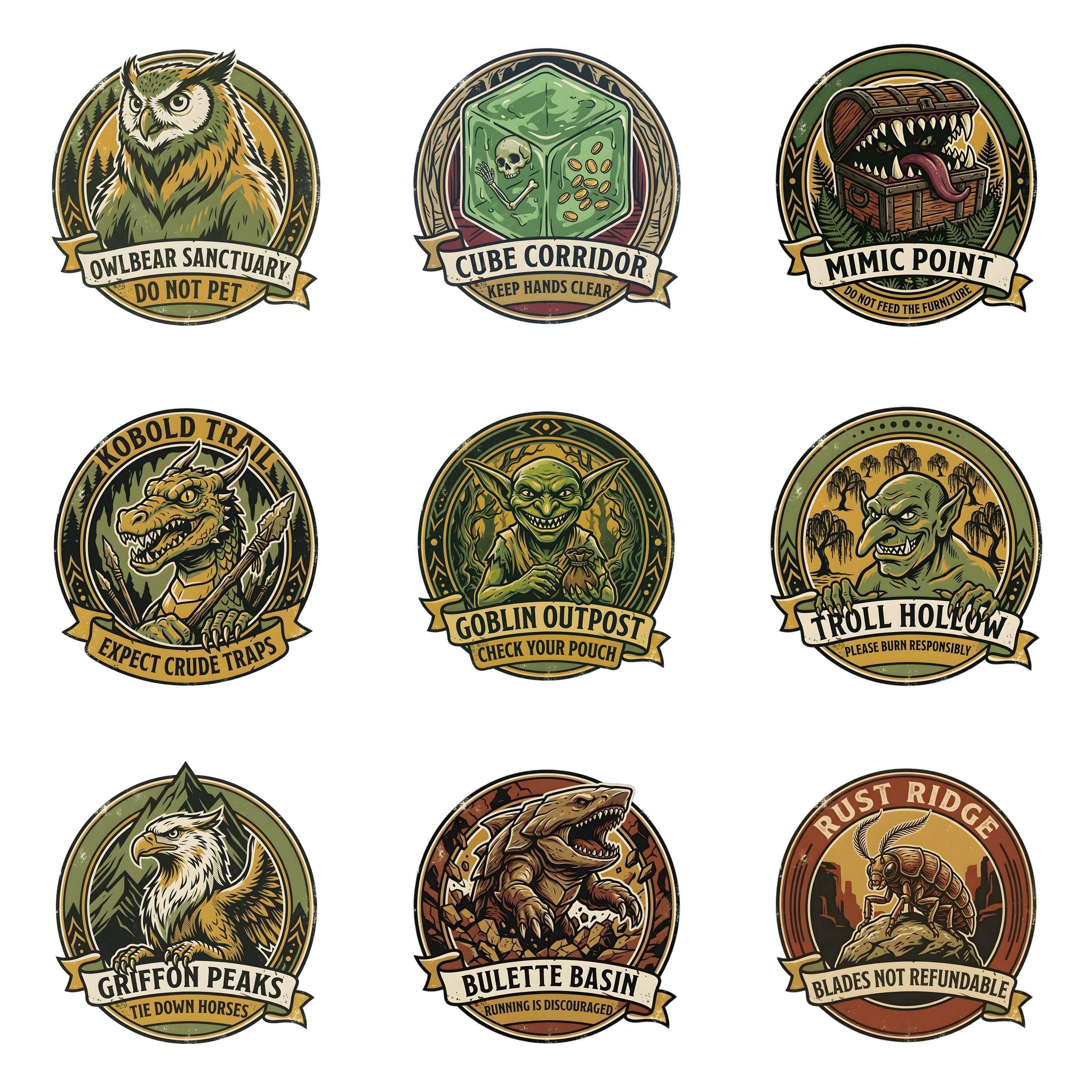 Tabletop Monster Sanctuary Badges: all 9 designs of the set side by side