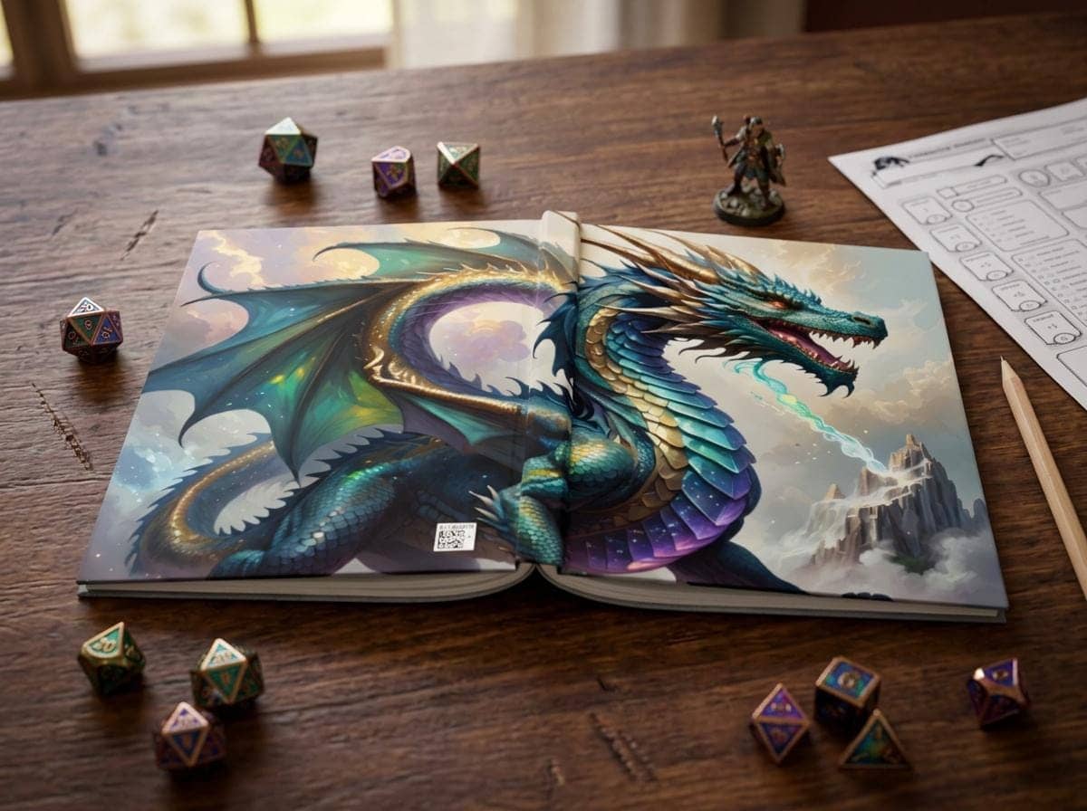 Perfect gift for the tabletop roleplaying enthusiast in your life, this unique canvas print combines fantasy and magic elements to create an immersive experience, printed on a journal, shown on the game table among dice and